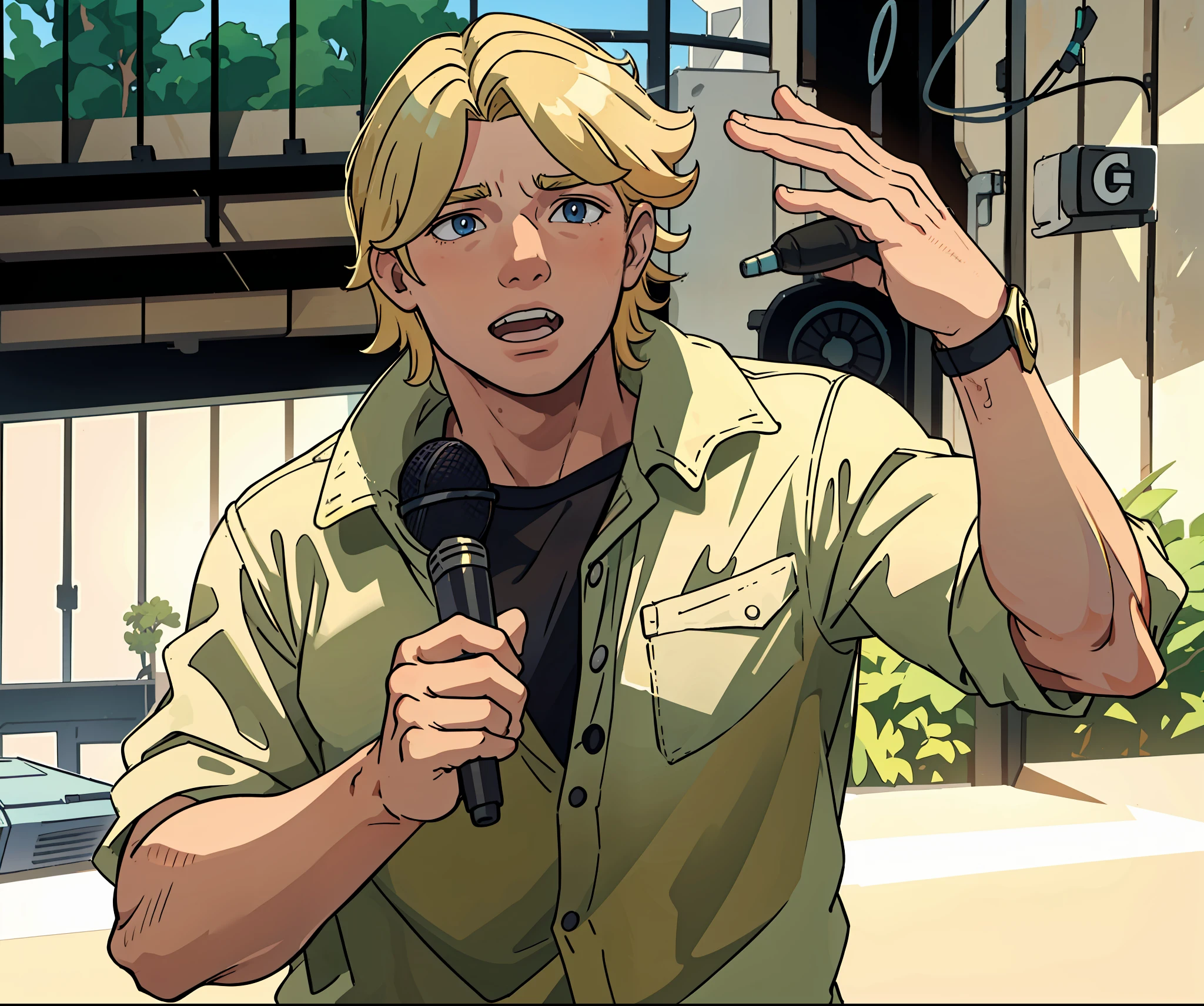 Steve irwin , australian, 1 boy, male focus, blonde hair, looking at viewer, perfect anatomy,perfect hands, midday summer, sunshine, cel shading, holding, holding a microphone speaking to a crowd, detailed face, detailed eyes,