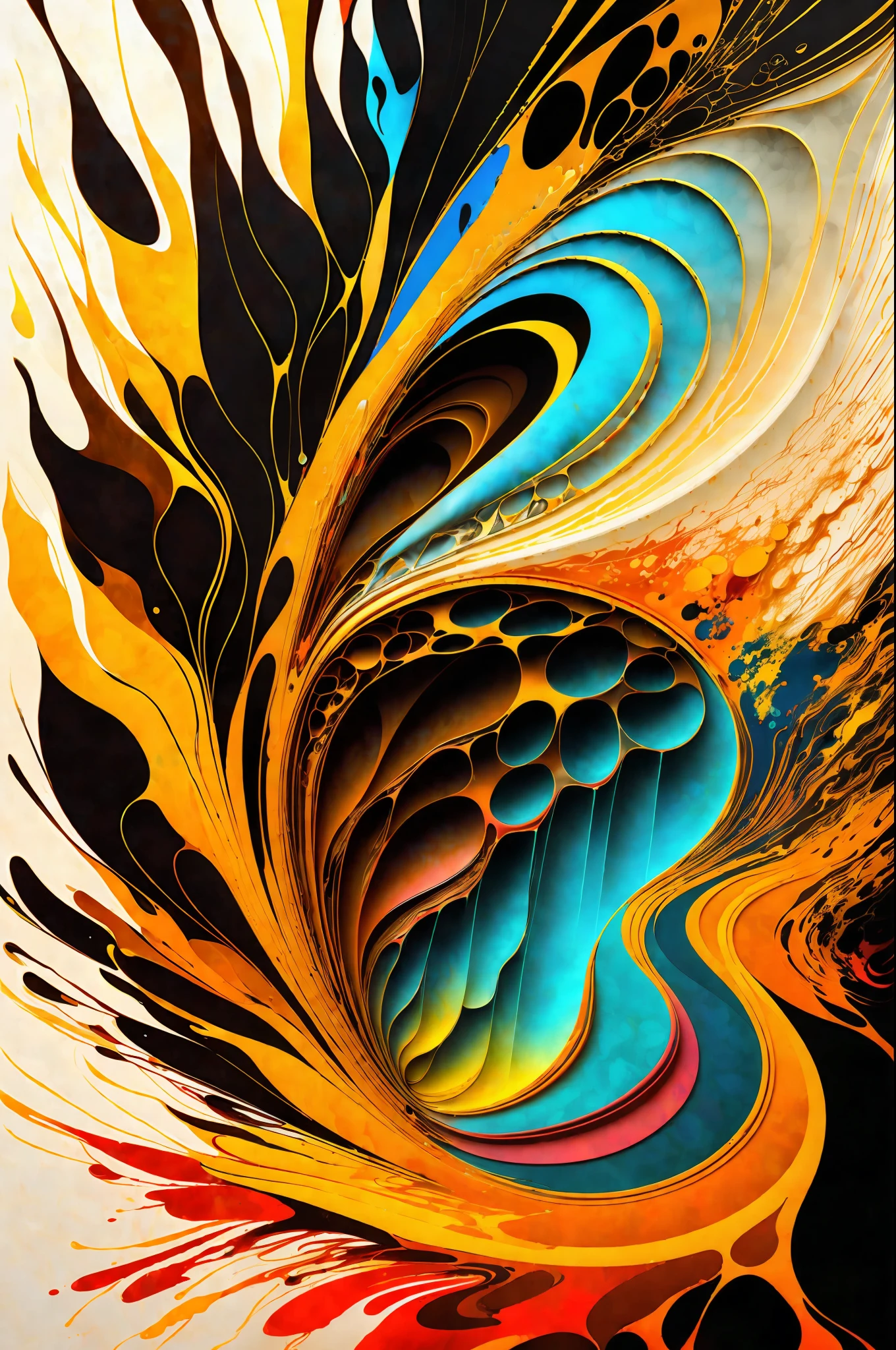 (abstract art 3D:1.2), vibrant color mix brown,ochre,gold,white and black and phosphorecent,3D cells,"vivid brushstrokes of high relief", fluid paint technique,(whirlpool:0.8),subsurface glare, psychedelic lighting, stunning glow, scattering effects,(awarded by Alberto Seveso:1.3)