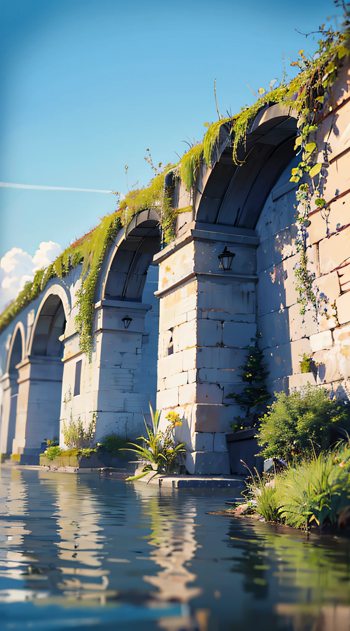 no humans, scenery, vanishing point, from below, masterpiece, best quality, 8k, absurdres, water surface, summer, noon, sunlight, blue sky, perspective, depth of field, highres, finely detail, ultra-detailed, sharp focus