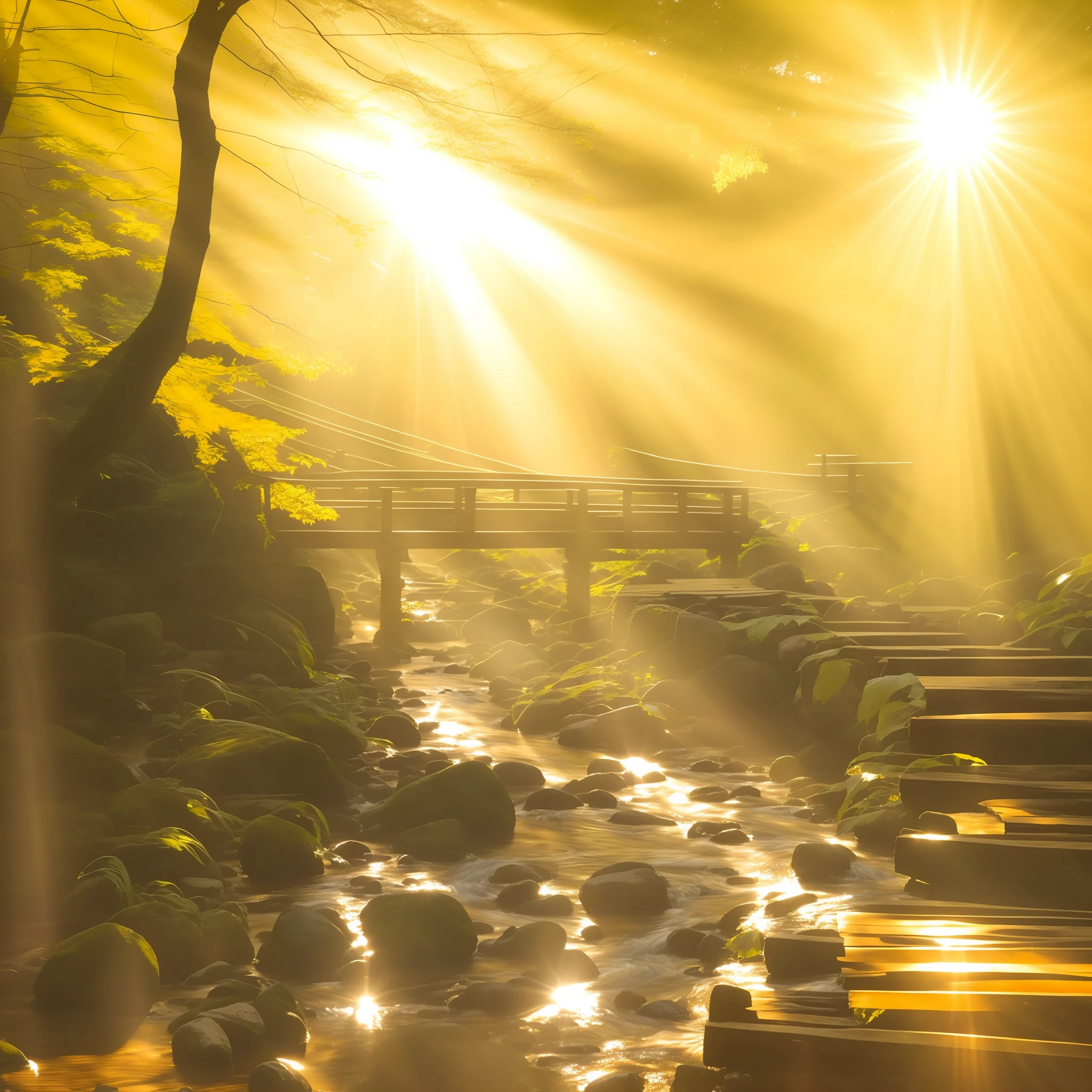sunlight shining through the trees onto a wooden bridge over a stream, sunlight beams, radiant morning light, beams of sunlight, sunlight shining through, sunlight rays, some sunlight ray, golden sunlight, toward the sun rays and caustics, beams of golden light, light glare, beautiful natural backlight, intense sunlight, golden rays of sunlight, japan nature, golden morning light