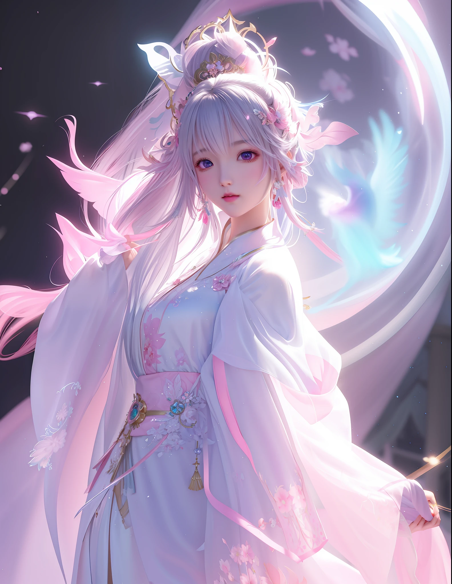 anime girl in a white dress with a pink cape and a pink dress, guweiz, ethereal fantasy, ethereal beauty, artwork in the style of guweiz, ethereal essence, trending on cgstation, fantasy art style, beautiful celestial mage, anime fantasy illustration, astral fairy, ethereal anime, 8k high quality detailed art, palace ， a girl in hanfu