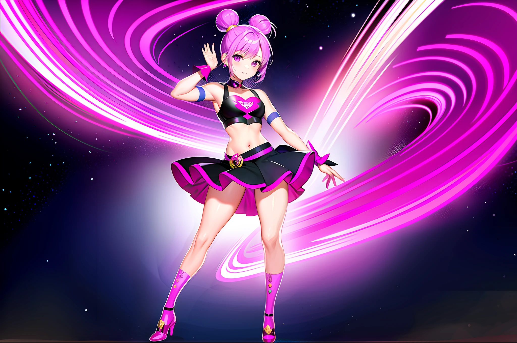 Magical girl with purple space buns which hat magenta and pink color scheme Insanity themed full body concept art spiral thing