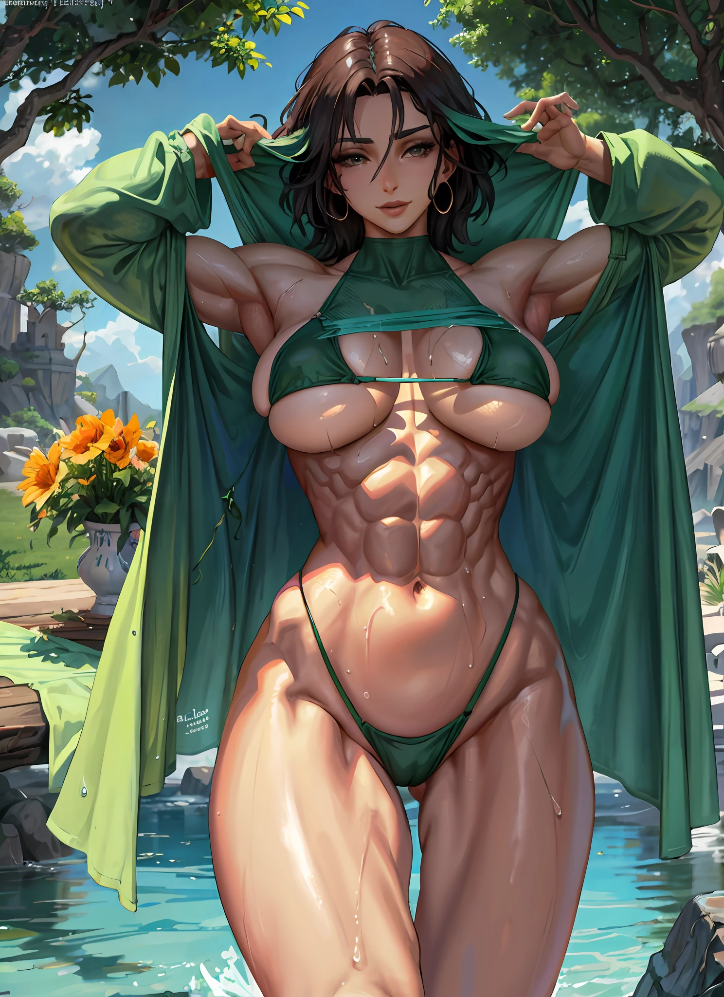 1girl, beautiful, perfect lighting, muscular female, thighs, large breasts, armpits, mature female, milf, looking at viewer (masterpiece, high quality:1.2) micro bikini, beach, bright, sunlight, water, wet, wet clothes, happy, happy, wind, navel, abs