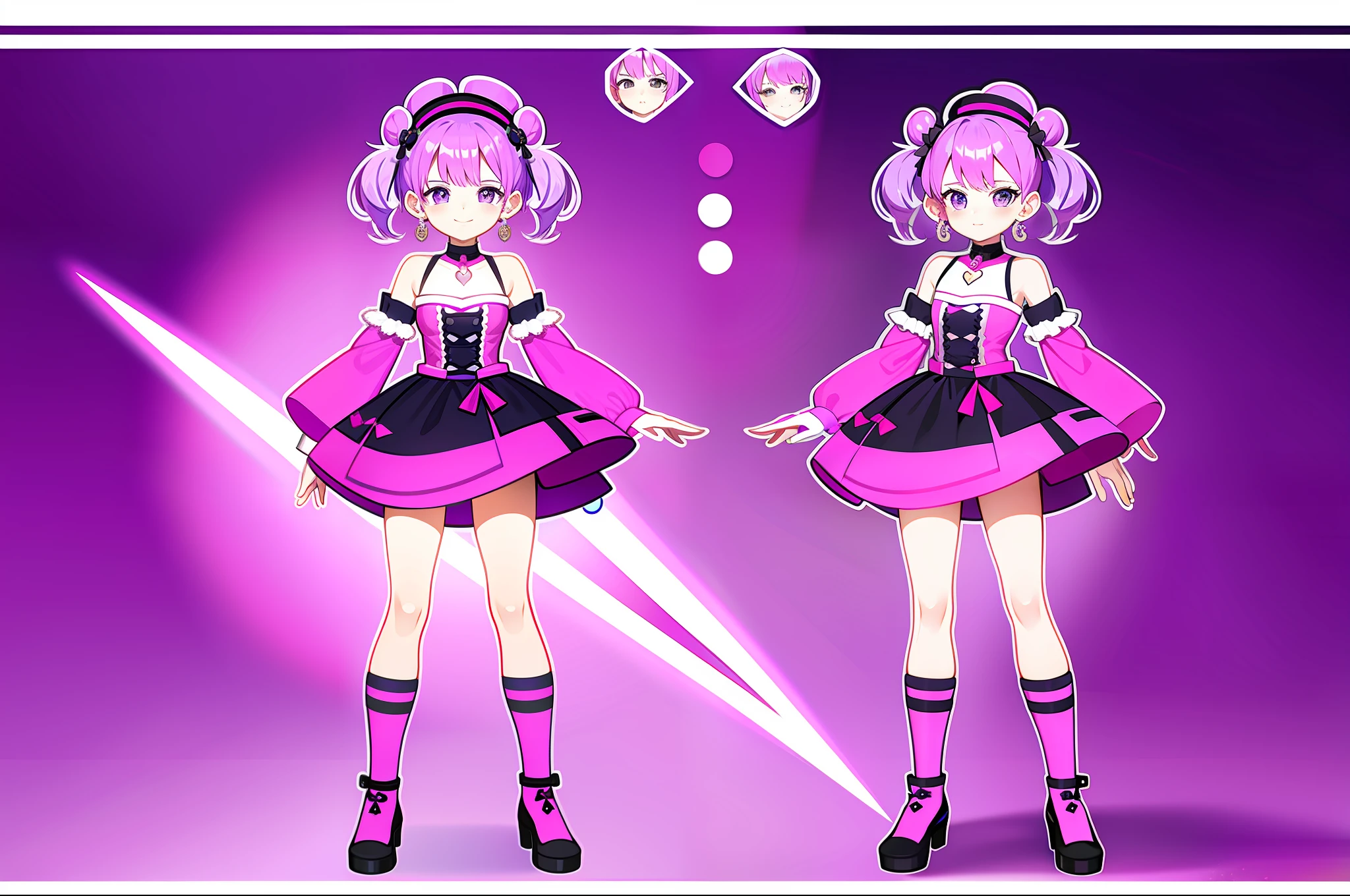 Magical girl with purple space buns which hat magenta and pink color scheme Insanity themed full body concept art spiral thing