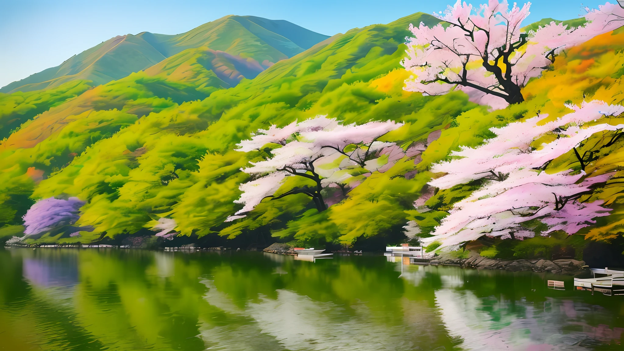 It is a colorful and vivid landscape painting that depicts the beauty of West Lake in spring. The water is calm, with the surrounding trees and flowers reflecting off its mirror-like surface. Birds chirp and chirp, creating a lively atmosphere. The trees are in full bloom with pink and white cherry blossoms, and the contrast with the green is spectacular. The atmosphere is cheerful and cheerful, reminiscent of the famous poem "Spring Night of West Lake" (西湖の春夜). Using traditional Chinese ink and watercolor techniques, the work focuses on capturing the natural beauty of vibrant colors and landscapes. --ar 16:9--v 4