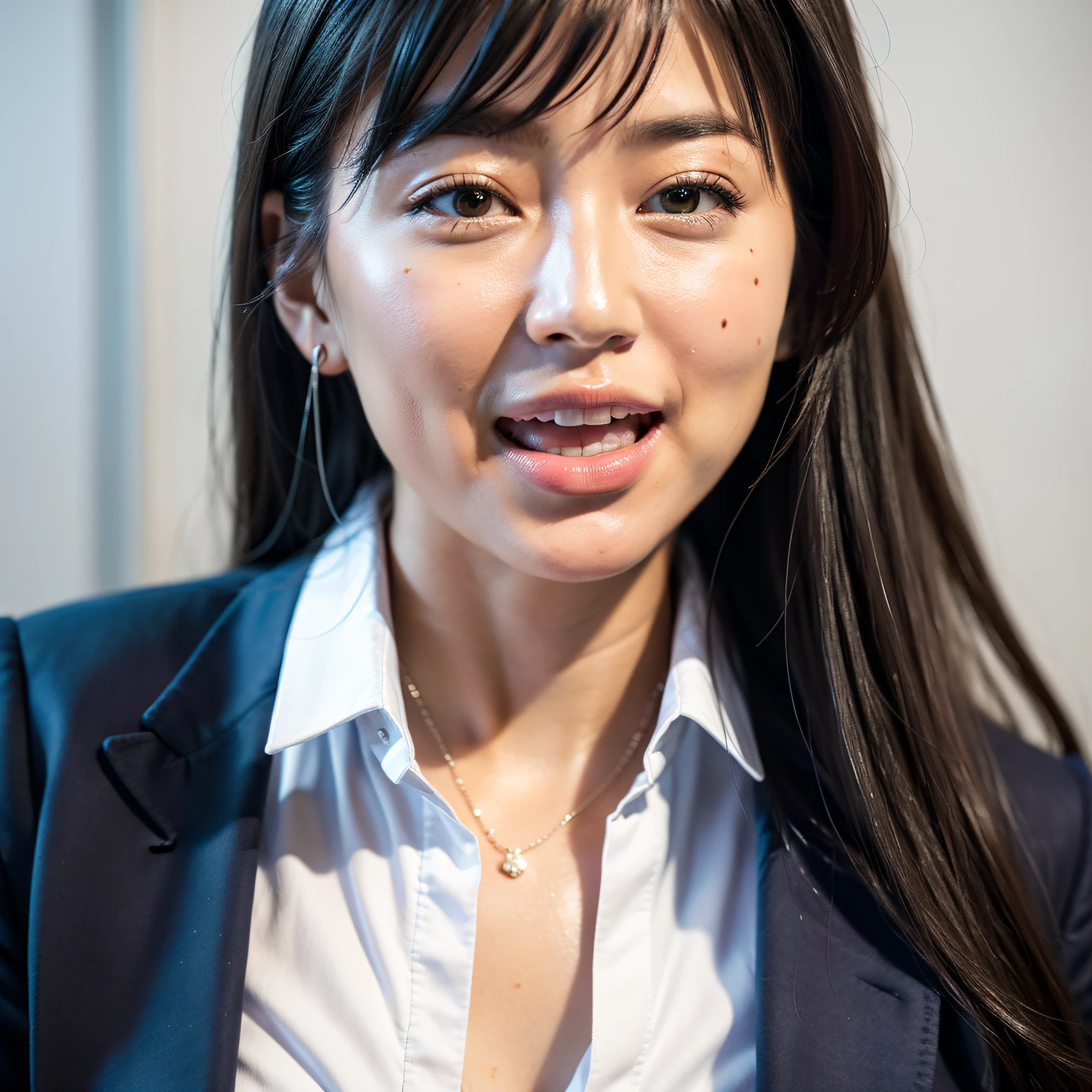 (best quality: 2.0), (real, photoreal: 1.37), (8k, RAW photo, masterpiece: 1.2), high-definition RAW color photo, professional photo, open mouth,conference room, random hair, (leaning forward, cleavage, japanese, shirtless, navy business jacket, white business skirt, black hair)