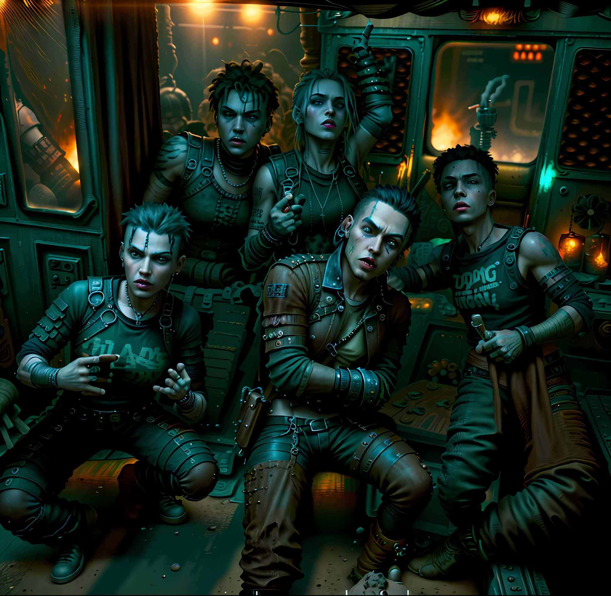 Male rock band, movie poster, mad max, high quality, painting, futurism, apocalyptic powder, rock band on a train, sunset, mad max, punk, movie poster, realistic painting art.