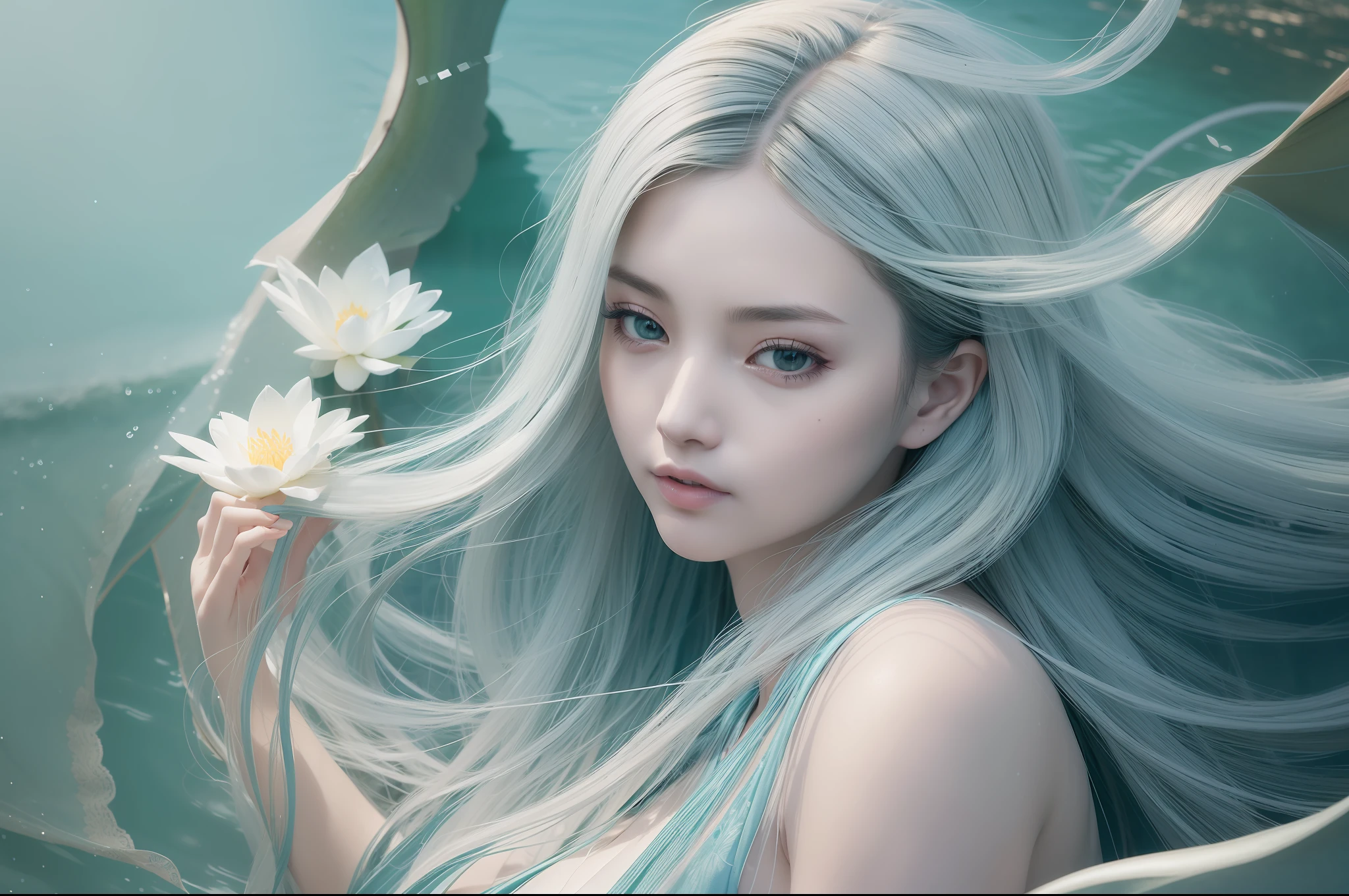 Two beauties digitally painted by mermaids, highly detailed film water and ocean palette, dressed without revealing their bodies, one wearing a white Hanfu long skirt, the other wearing a dark green Hanfu long dress, they swim in the water of West Lake, white giant lotus, delicate facial details, spotlights, perfect composition, surreal, hyper-detailed, 8k, high quality, clear focus, intricate details, highly detailed, dynamic lighting, detailed and complex environment, close-up,