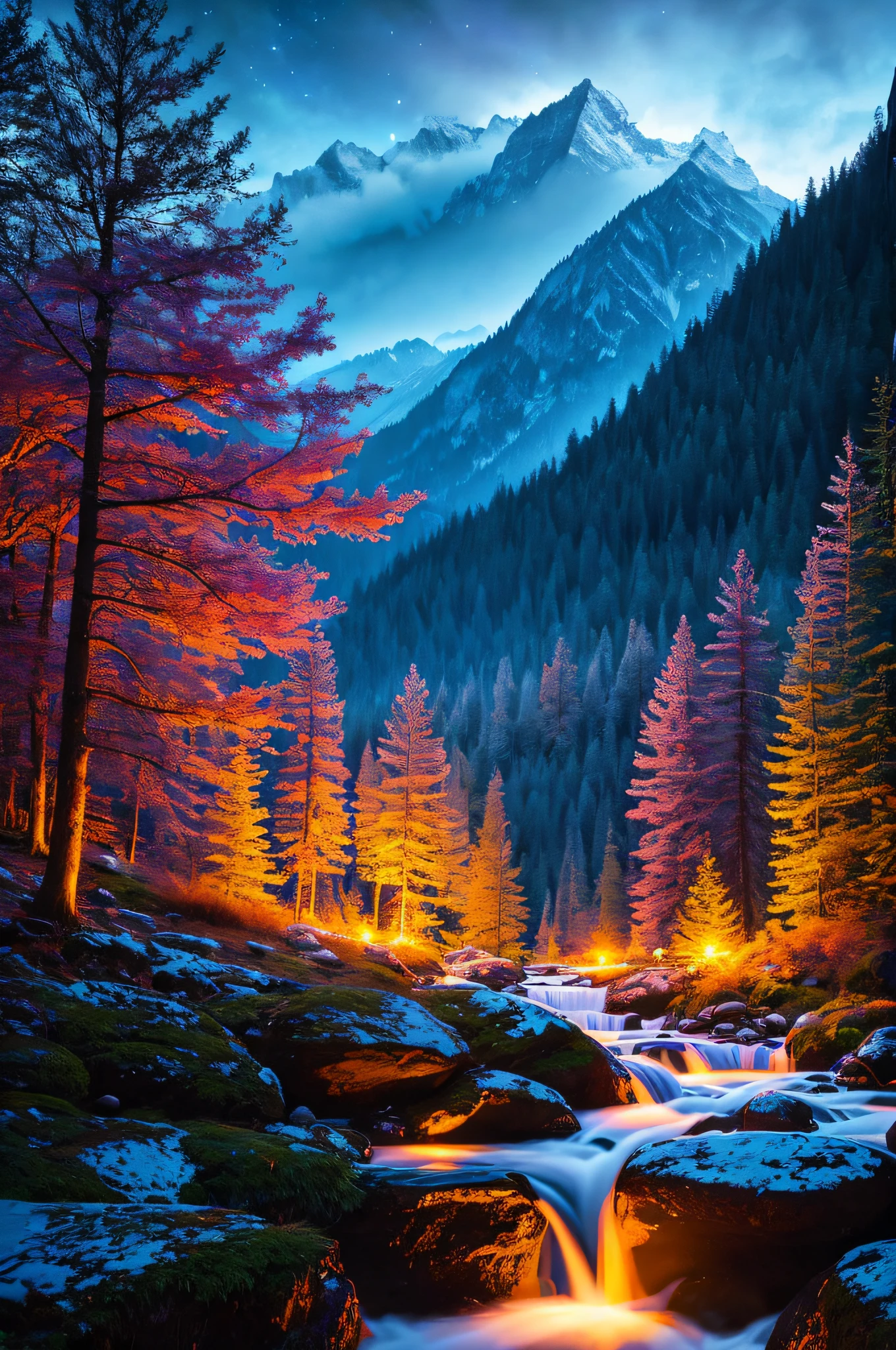 best quality, masterpiece, beautiful wild and natural fantasy landscape with glowing lights
