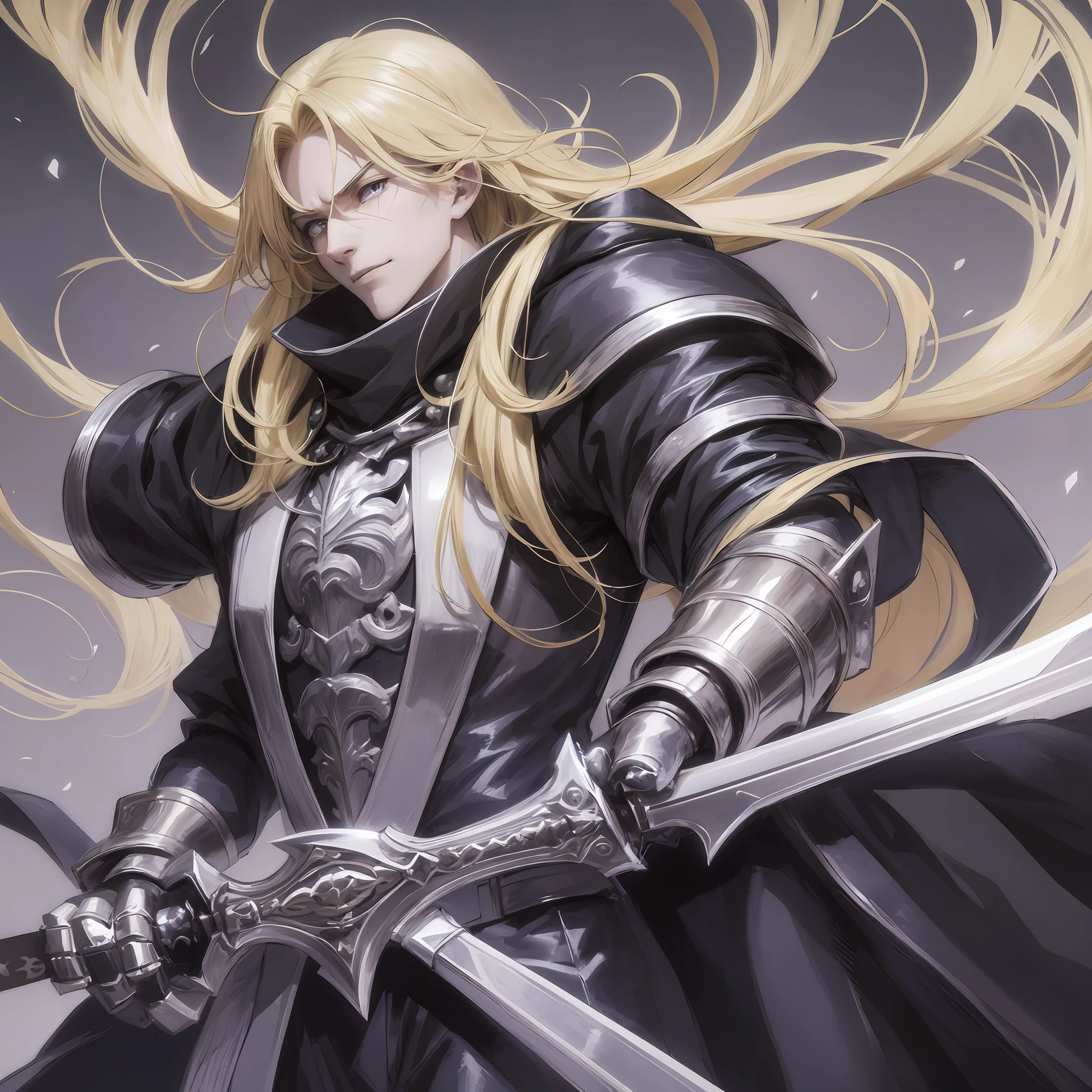anime, long blonde hair, male, sad face, pointing, wearing a paw, gauntlet sword, black clothes, black overcoat, dark, gothic, sarcastic smile, furious, arms outstretched, holding a gauntlet sword paw, cold, shadow powers, frozen place, next to a giant made of shadows, shadows, dark giant, dark