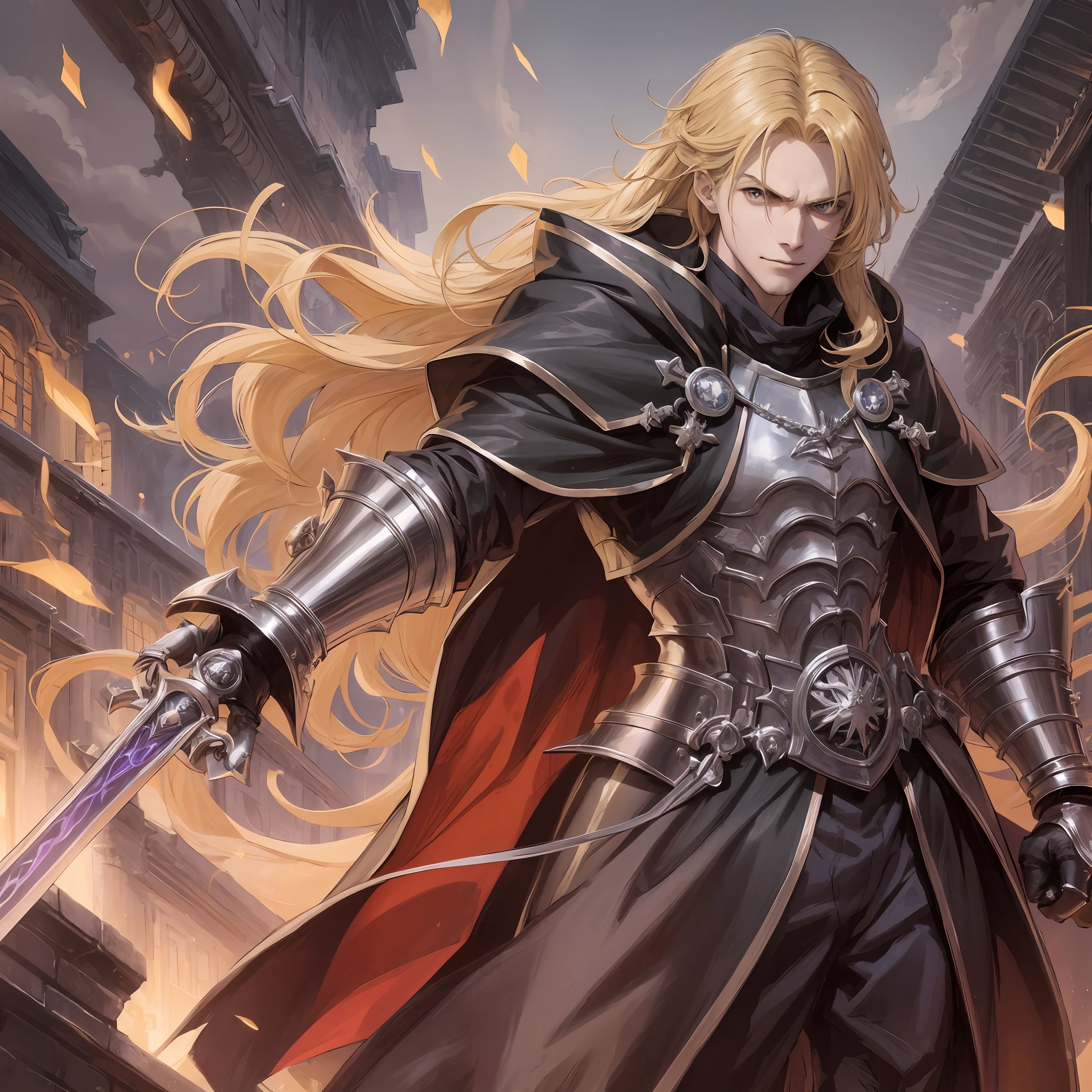 anime, long blonde hair, male, sad face, pointing, wearing a paw, gauntlet sword, black clothes, black overcoat, dark, gothic, sarcastic smile, furious, arms outstretched, holding a gauntlet sword paw, cold, shadow powers, frozen place, next to a giant made of shadows, shadows, dark giant, dark
