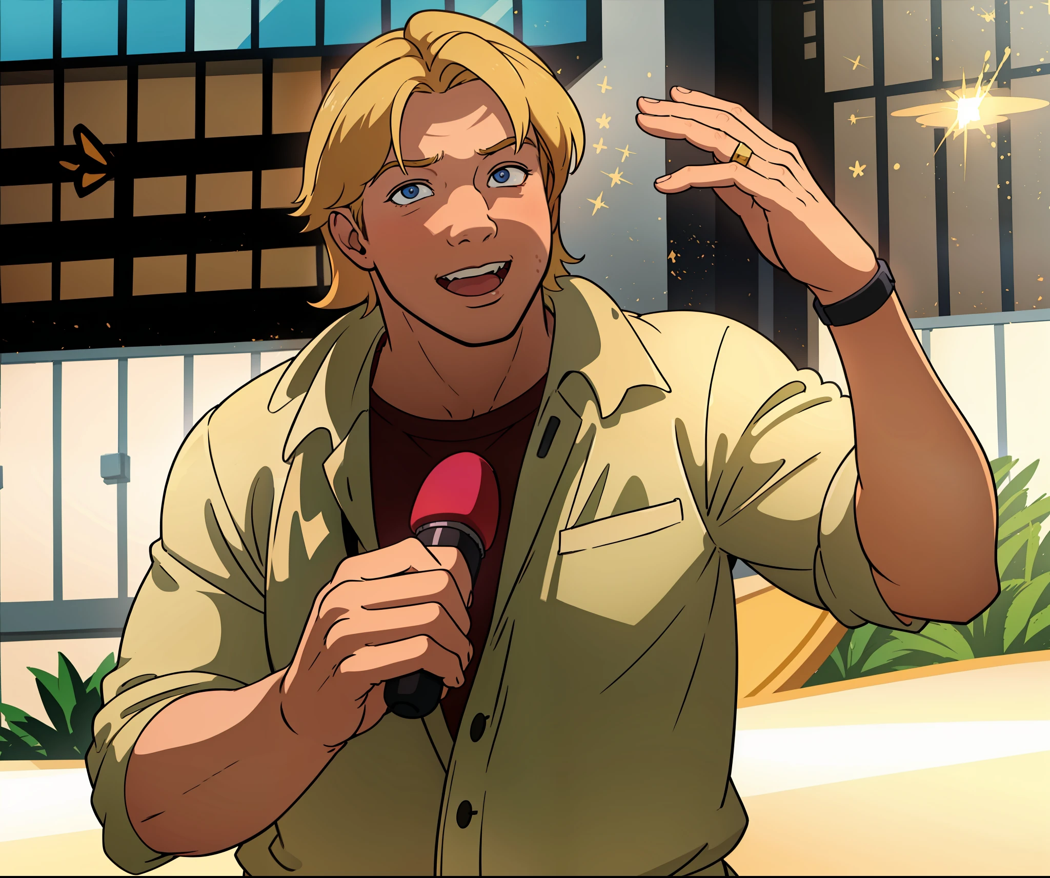 Steve irwin , australian, 1 boy, male focus, blonde hair, looking at viewer, perfect anatomy,perfect hands, midday summer, sunshine, cel shading, holding, holding a microphone speaking to a crowd, detailed face, detailed eyes,