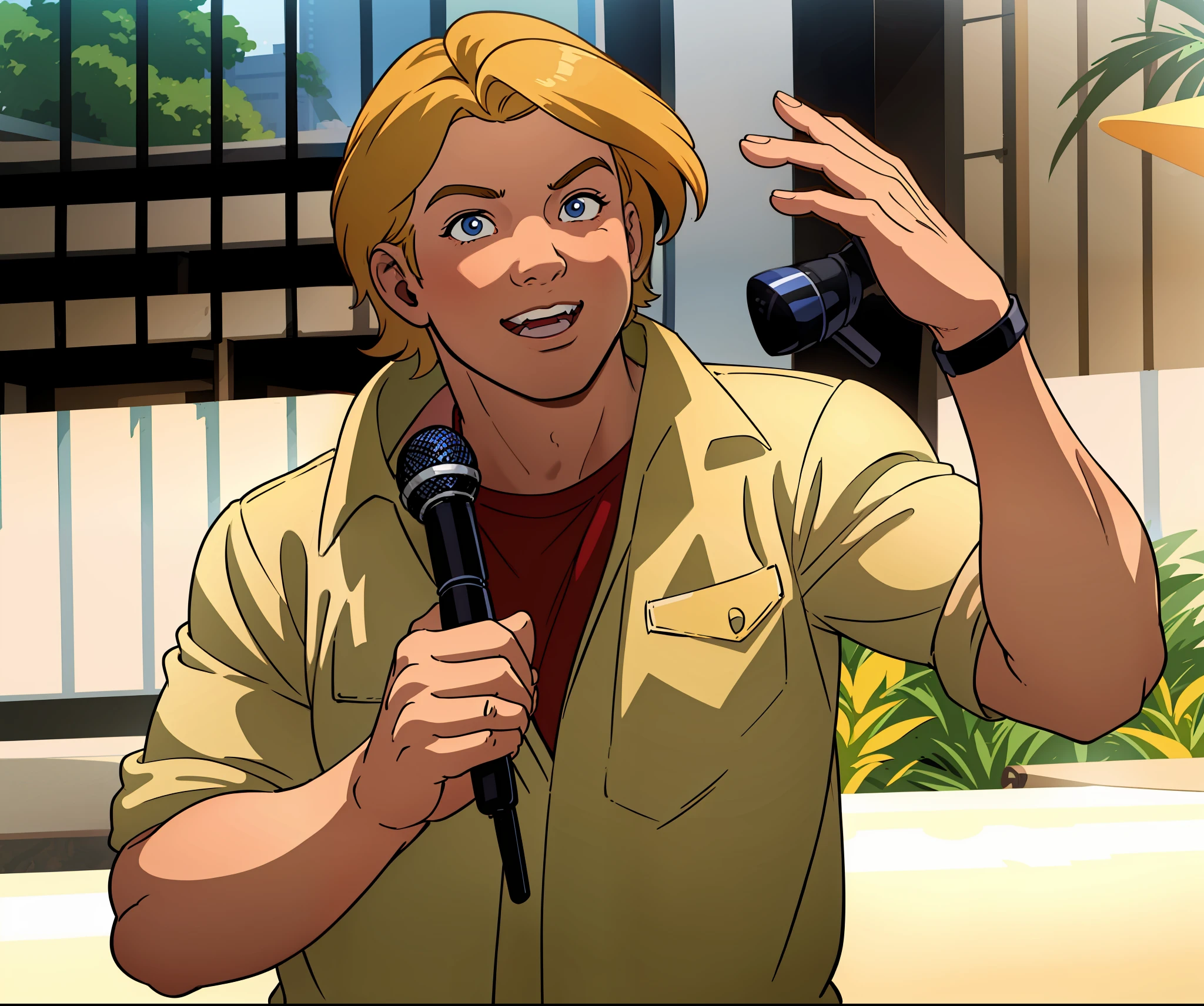 Steve irwin , australian, 1 boy, male focus, blonde hair, looking at viewer, perfect anatomy,perfect hands, midday summer, sunshine, cel shading, holding, holding a microphone speaking to a crowd, detailed face, detailed eyes,
