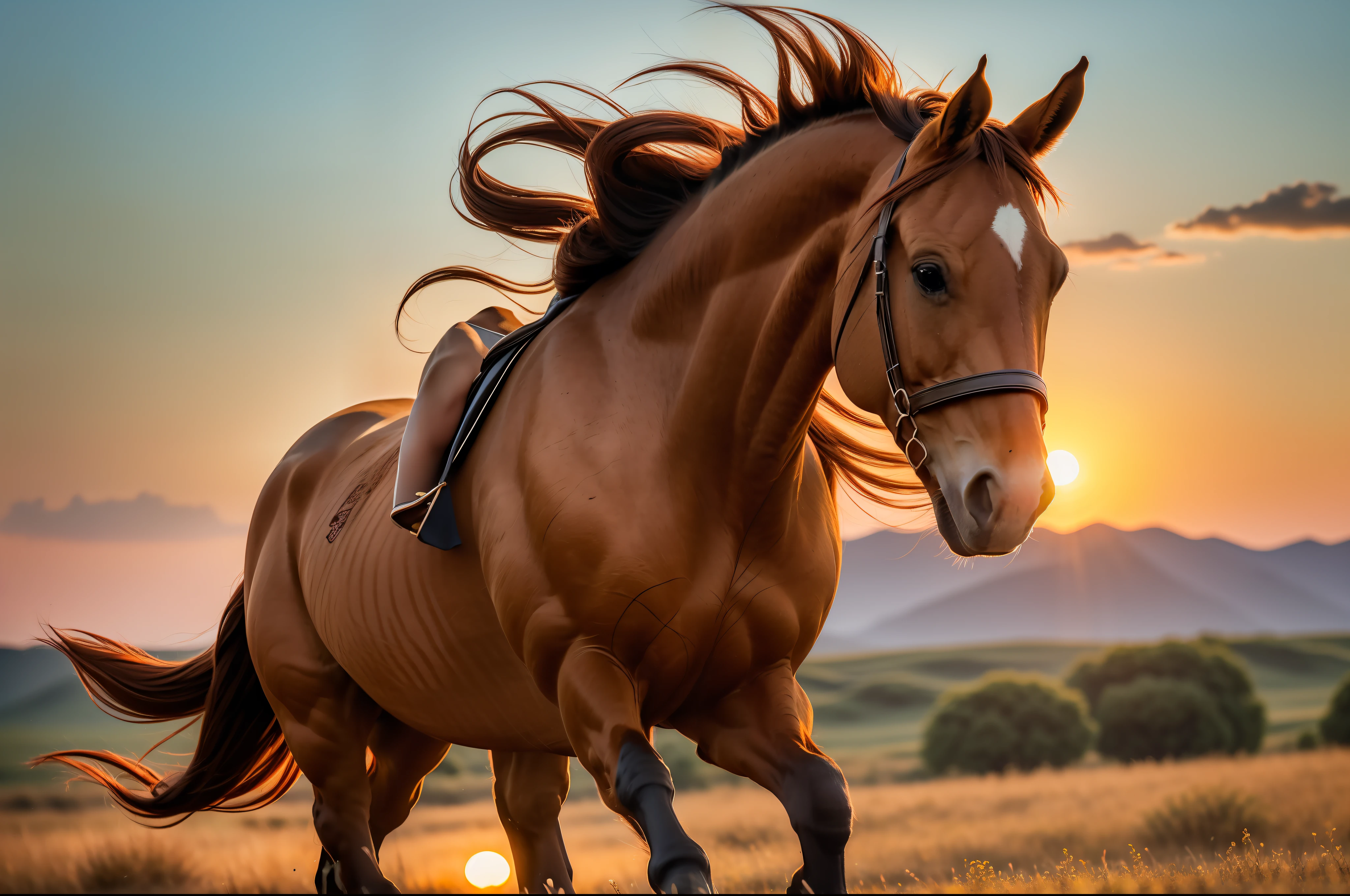 A brown-red horse galloped across the steppe in the setting sun, full limbs, long mane,