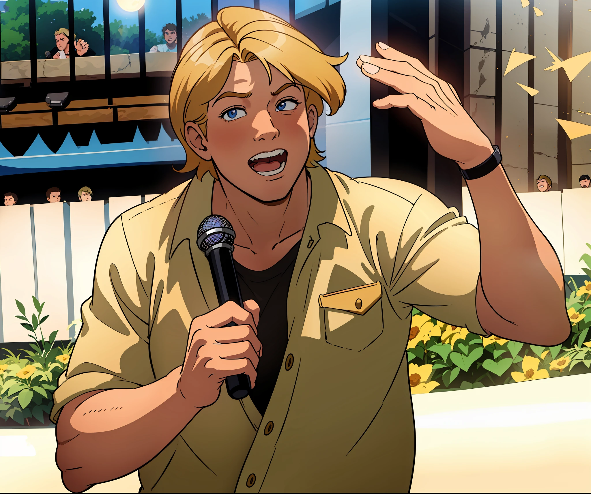 Steve irwin , australian, 1 boy, male focus, blonde hair, looking at viewer, perfect anatomy,perfect hands, midday summer, sunshine, cel shading, holding, holding a microphone speaking to a crowd, detailed face, detailed eyes,