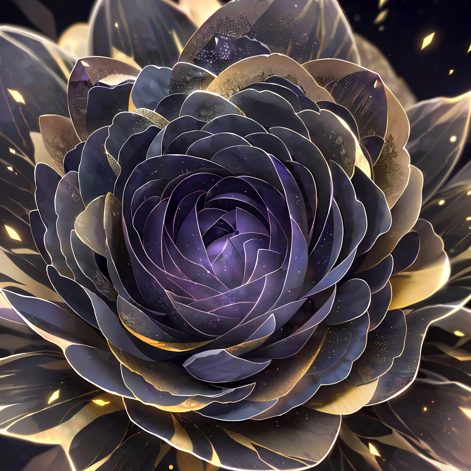 macro, a glorious void-infused black peony, frozen, frost coating, beads of condensation, crystal and sparks in the air, gilded, backdrop volumetric void-light, sublime, delicate, beautiful, intricate details, highly detailed, high-res, vivid color grading, composite lighting, dynamic composition, well drawn, crisp, sharp focus, glamour shot, realistic