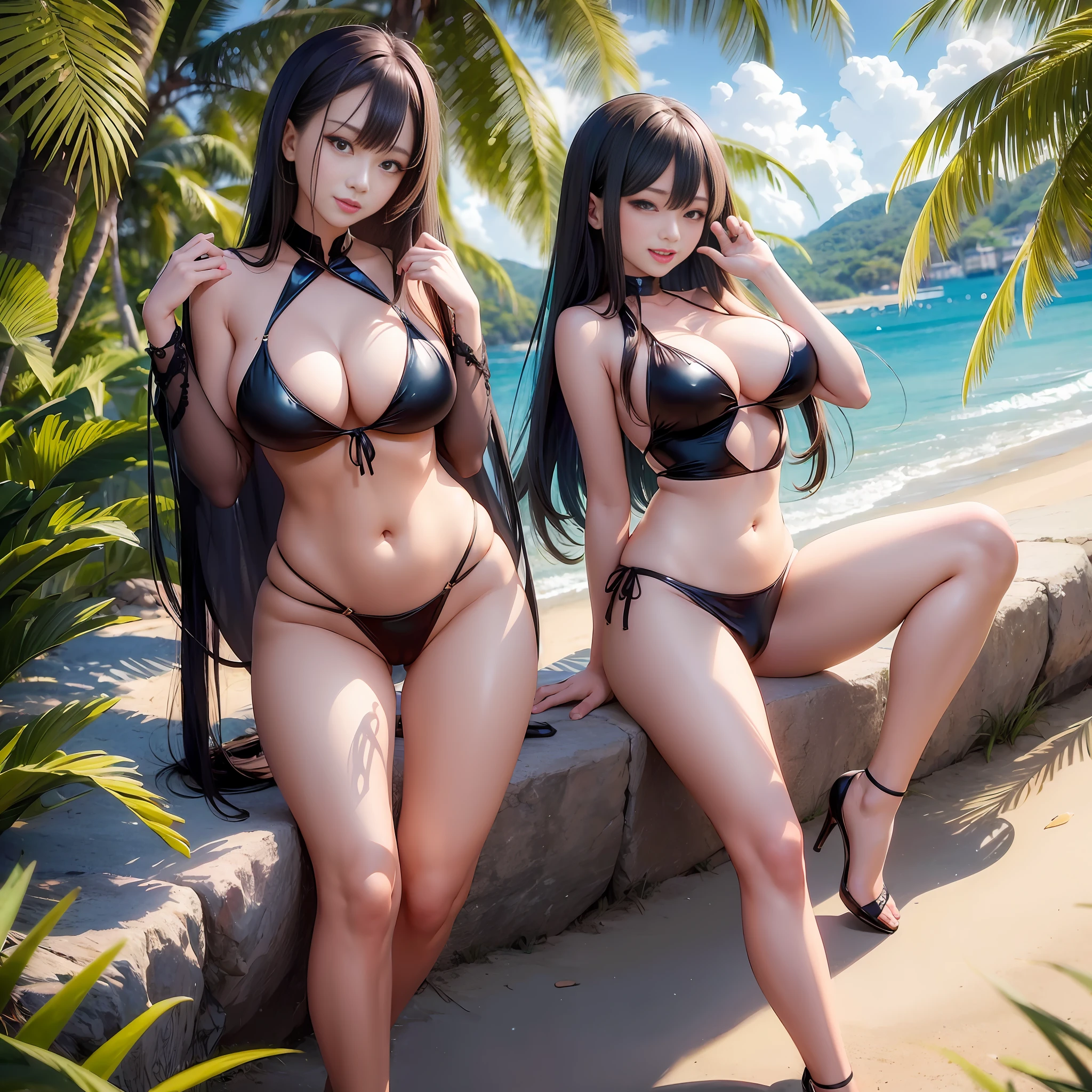 Two good-looking sexy asian beauties with long hair in three-point swimsuits, bulge, bulge, tongue sticking, big breasts, hands covering chest, seductive pose, full body, standing, long legs, high heels, beach --auto --s2