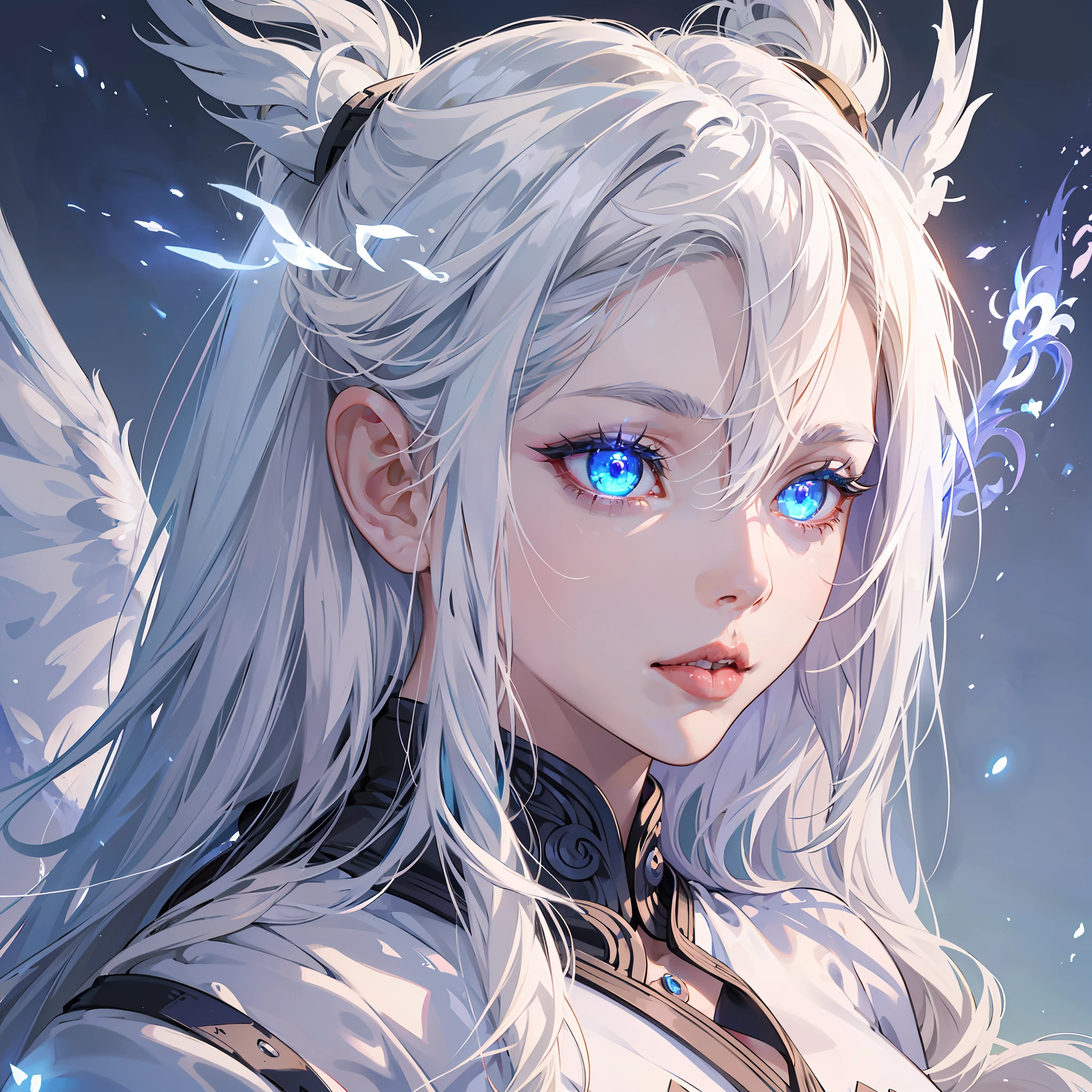 1 girl, dragon girl, majestic white hair, white angel dragon, white angel wings, dragon tail, sharp teeth, mature girl, ((Glowing blue eyes)), ((full lips)), (high detailed), beautiful, amazing, high detailed eyes, high detailed face, perfect hands, masterpiece, best quality, looking at viewer, detailed eyes, white robes, reshiram --auto --s2