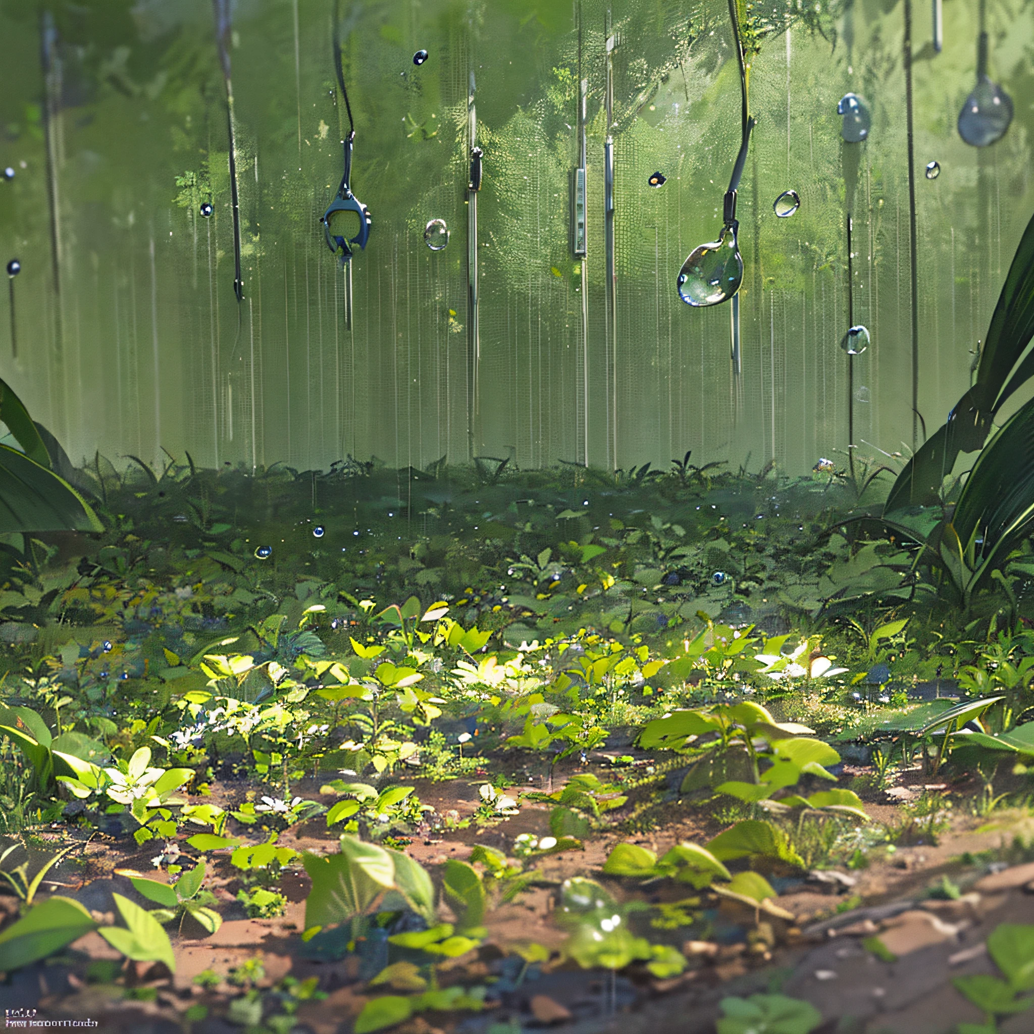 Raindrops falling from the sky are depicted against the backdrop of a lush landscape that spreads all over the place. On the wet floor, you can see plants of various colors and shapes. In the center of it, a small mold, like a child's hand, is emerging from the floor for the first time. --auto --s2