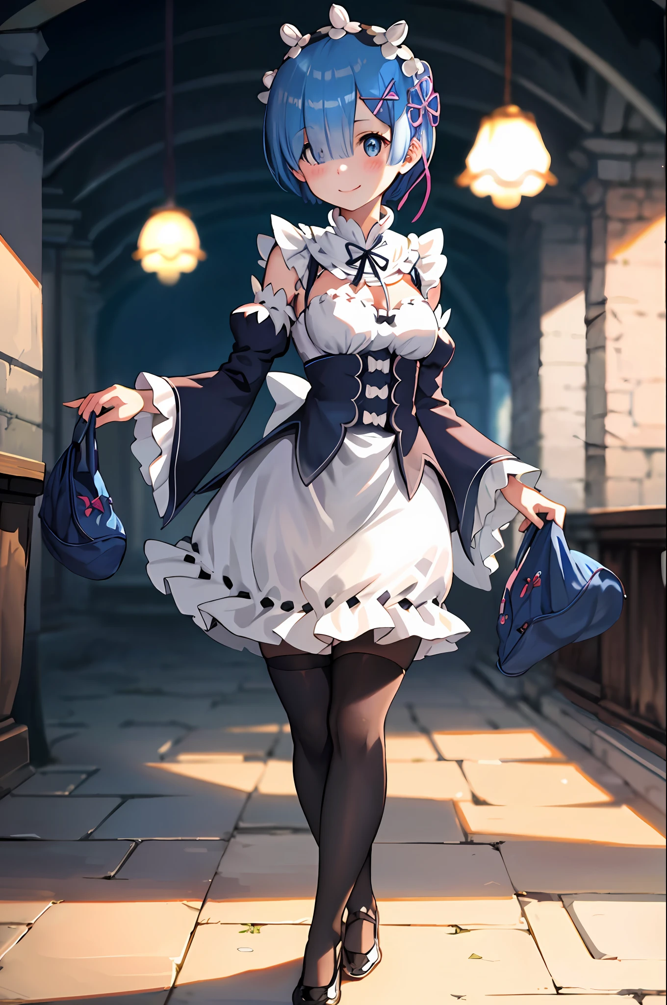 blue hair, rem \(re:zero\), [smile], blush, castle,, masterpiece, best quality, perfect lighting, 1girl, skirt, medium breasts,