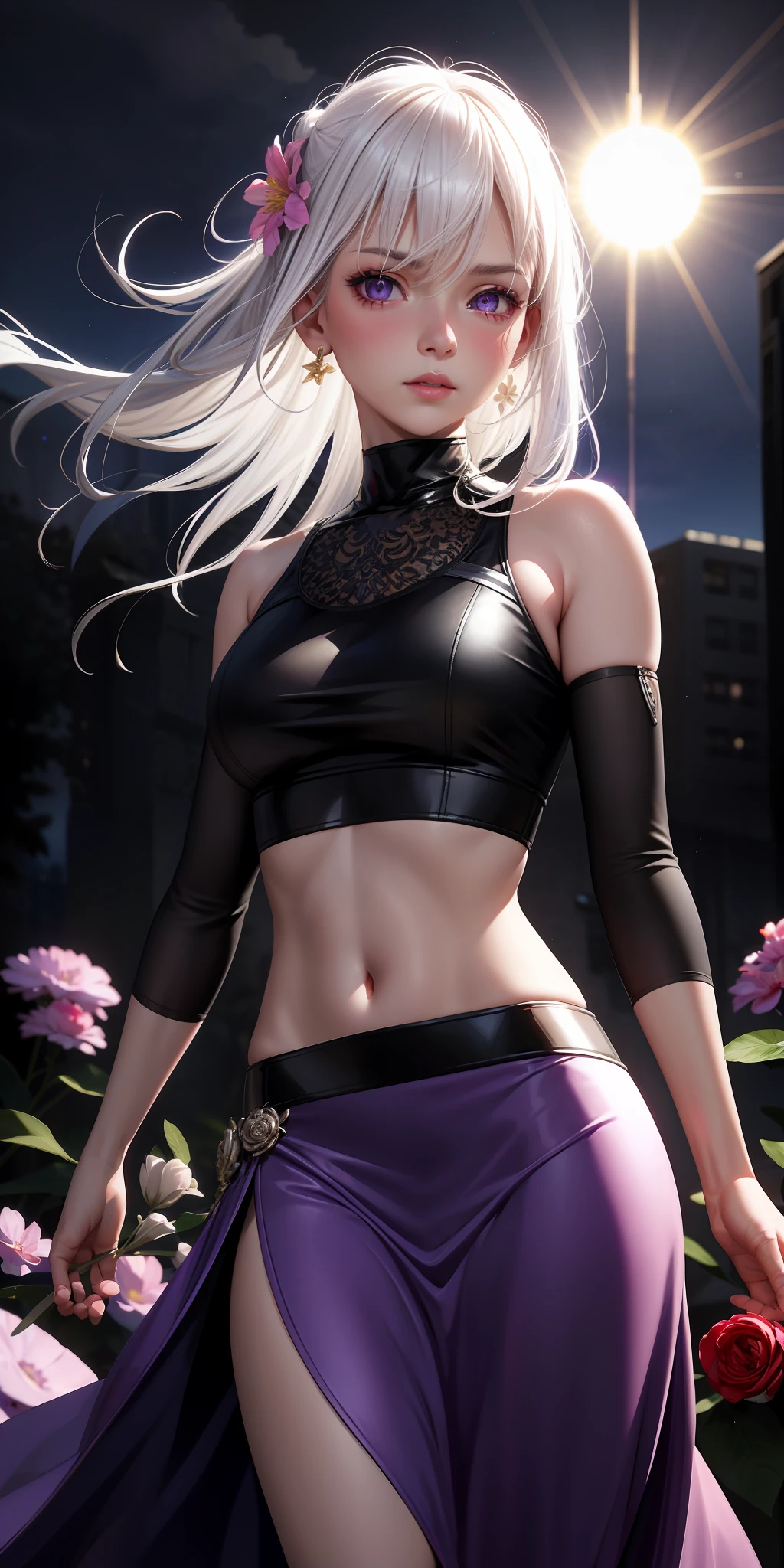 realistic, 1girl, white hair, purple eyes, glowing eyes, crop top, skirt, parted lips, blush, night, flowers, sun, sunlight,