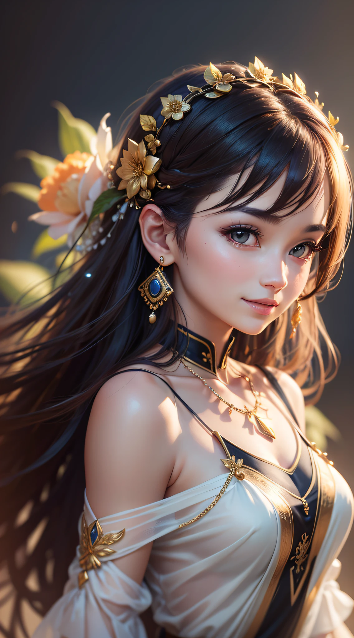best quality, masterpiece, highres, 1girl, transparent silk china dress, beautiful face, hair ornament, looking at viewer, smile, closed mouth,lips, dress,hair ornament, necklace, jewelry, long hair, earrings, Beautiful face,upon_body, tyndall effect,photorealistic, dark studio, rim lighting, two tone lighting,(high detailed skin:1.2), 8k uhd, dslr, soft lighting, high quality, volumetric lighting, candid, Photograph, high resolution, 4k, 8k, Bokeh
