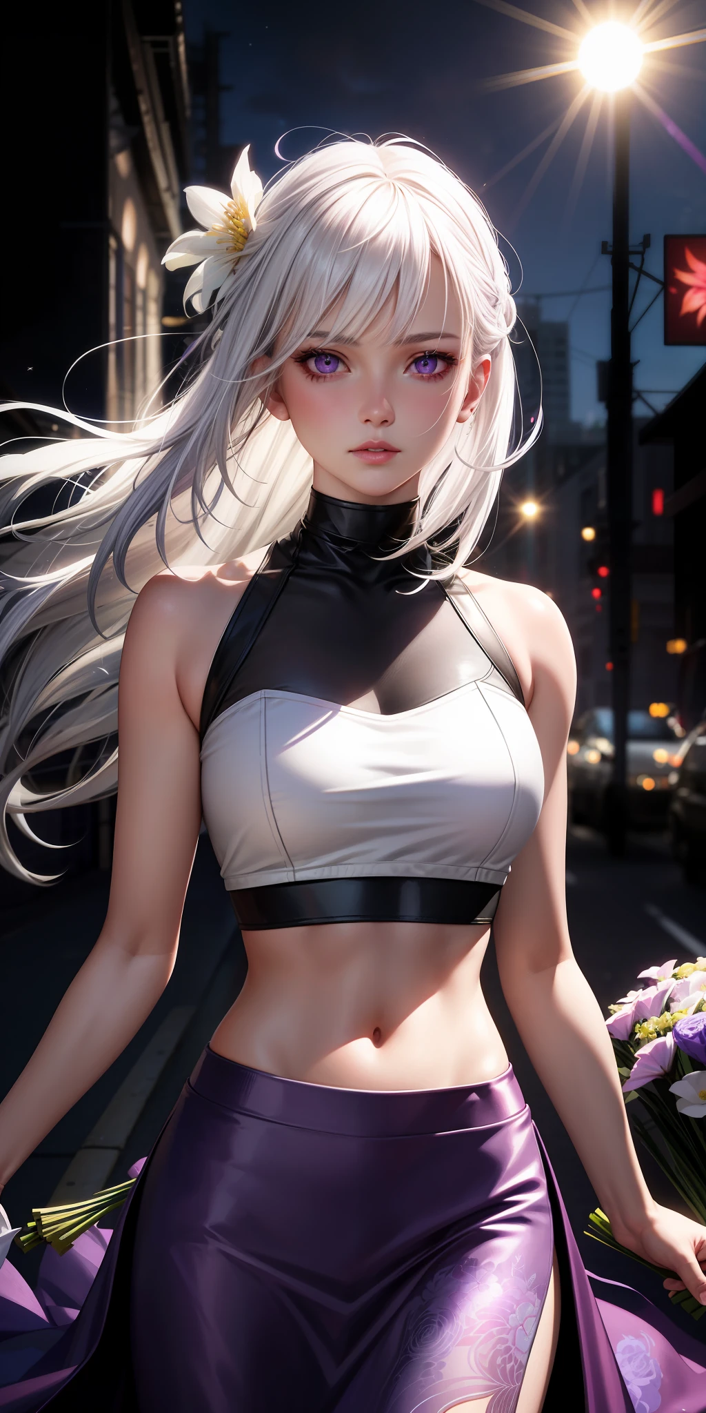 realistic, 1girl, white hair, purple eyes, glowing eyes, crop top, skirt, parted lips, blush, night, flowers, sun, sunlight,