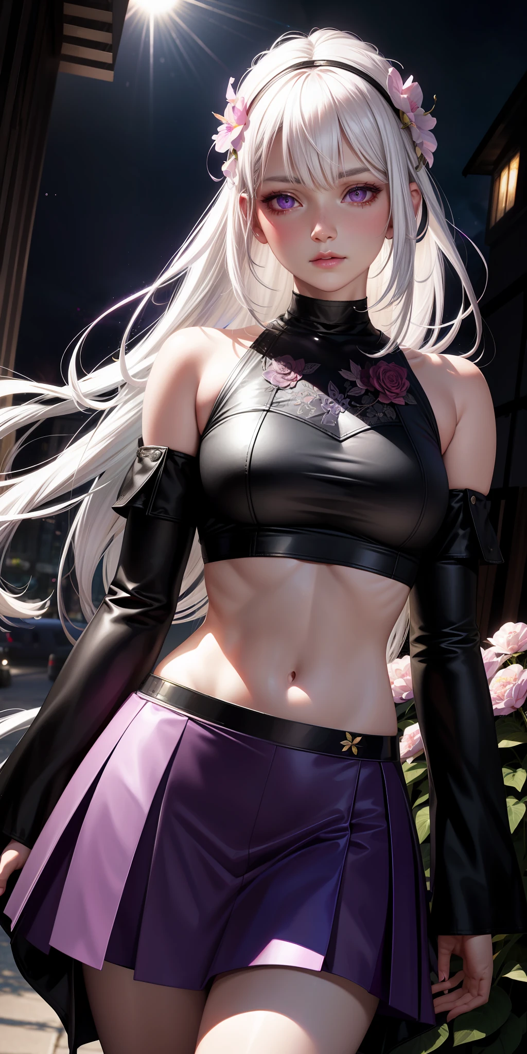 realistic, 1girl, white hair, purple eyes, glowing eyes, crop top, skirt, parted lips, blush, night, flowers, sun, sunlight,