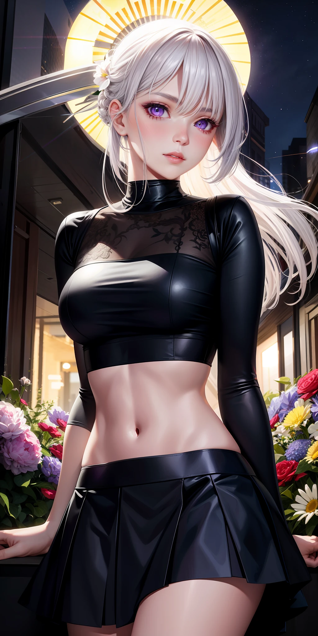 realistic, 1girl, white hair, purple eyes, glowing eyes, crop top, skirt, parted lips, blush, night, flowers, sun, sunlight,