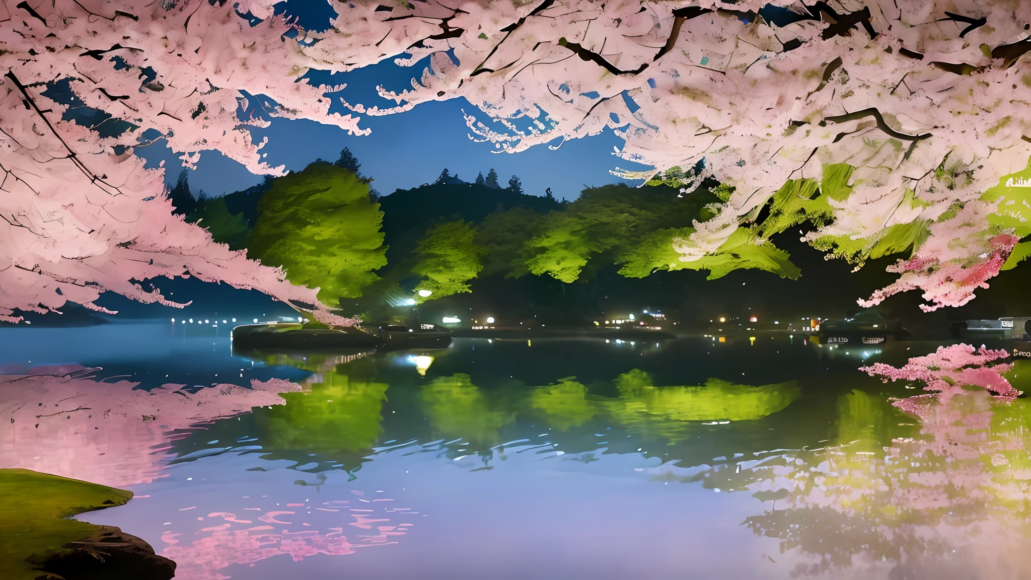 It is a colorful and vivid landscape painting that depicts the beauty of West Lake at night, illuminated and spring. The water is calm, with the surrounding trees and flowers reflecting off its mirror-like surface. Birds chirp and chirp, creating a lively atmosphere. The trees are in full bloom with pink and white cherry blossoms, and the contrast with the green is spectacular. The atmosphere is cheerful and cheerful, reminiscent of the famous poem "Spring Night of West Lake" (西湖の春夜). Using traditional Chinese ink and watercolor techniques, the work focuses on capturing the natural beauty of vibrant colors and landscapes. --ar 16:9--v 4