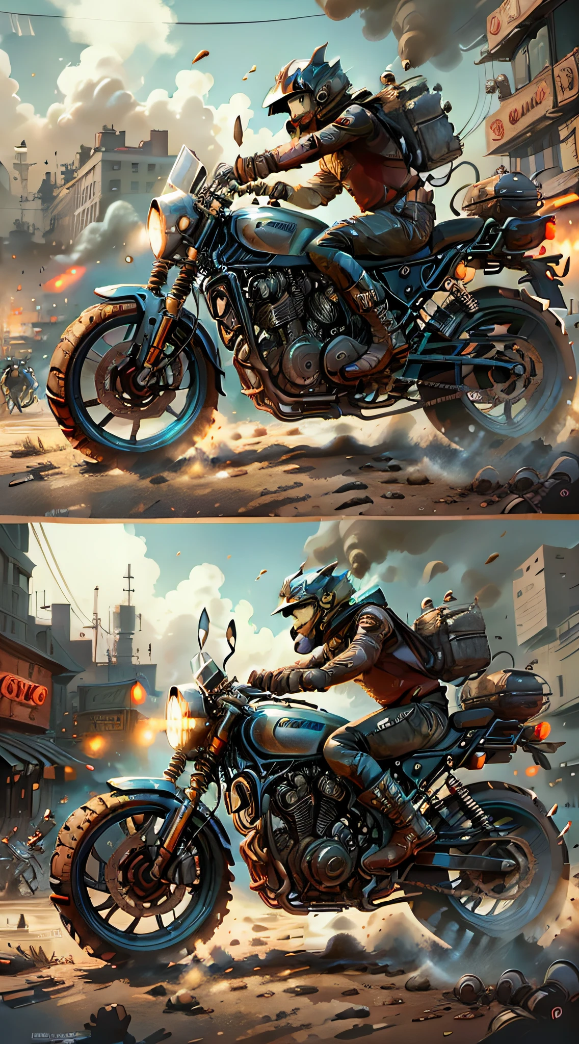 [Illustration] comic page, one page has multiple panels: in the city full of gunsmoke (far view), several racers riding motorcycles, crazy racing in alleys, tires rubbing the ground sparks, smoke and dust billowing (close-up, low motion blur), the picture has text annotations, [Continuous shooting] in the style of Andreas Rocha, cobalt blue and reflective silver, film P30, irregular diagonal composition