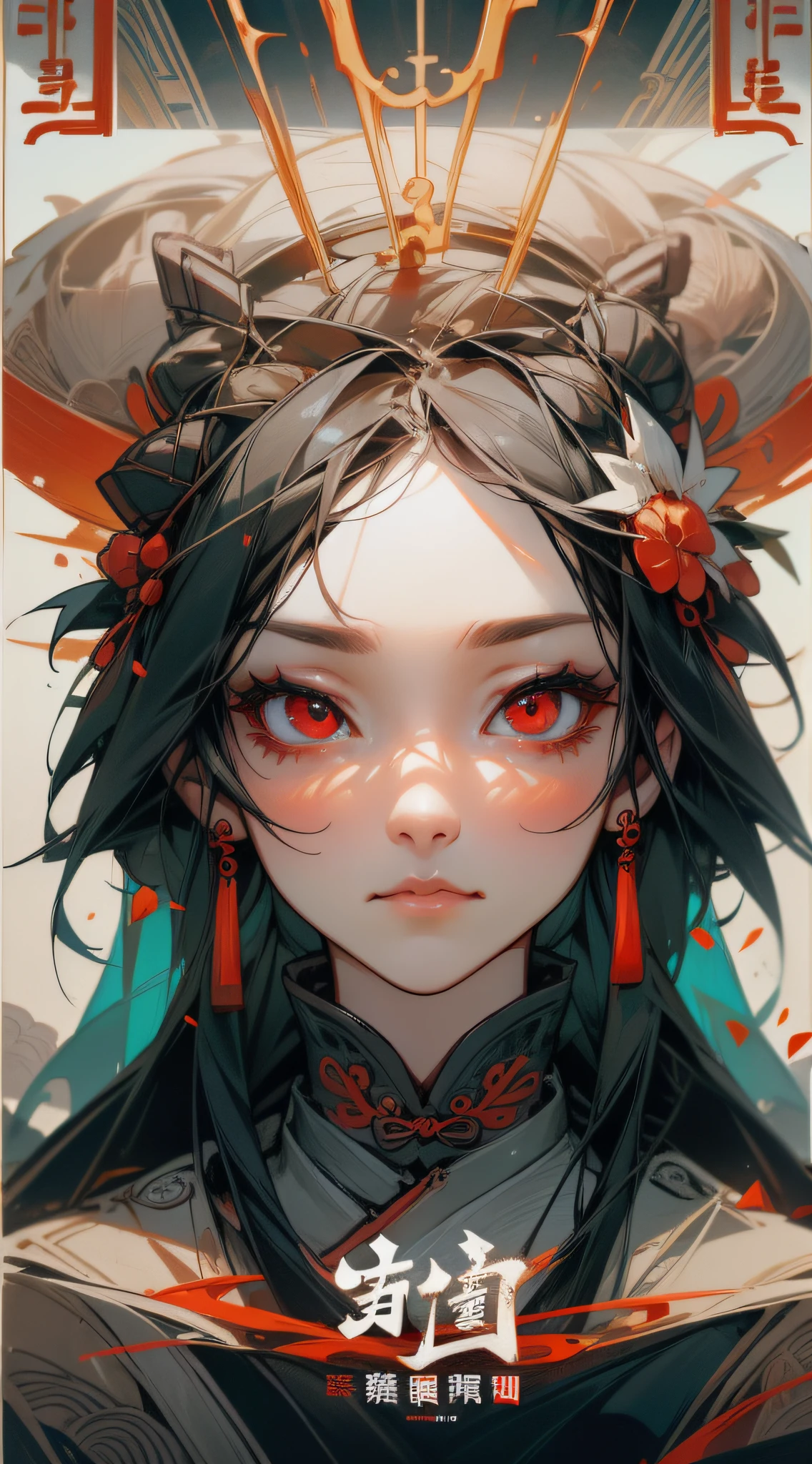 (best quality, movie poster style), a beautiful woman with (one red eye:1.2),(meaningful chinese script writing:1.1), combining the elements perfectly together.