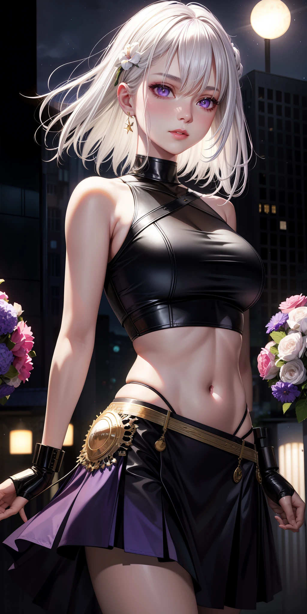 realistic, 1girl, white hair, purple eyes, glowing eyes, crop top, skirt, parted lips, blush, night, flowers, sun, sunlight,
