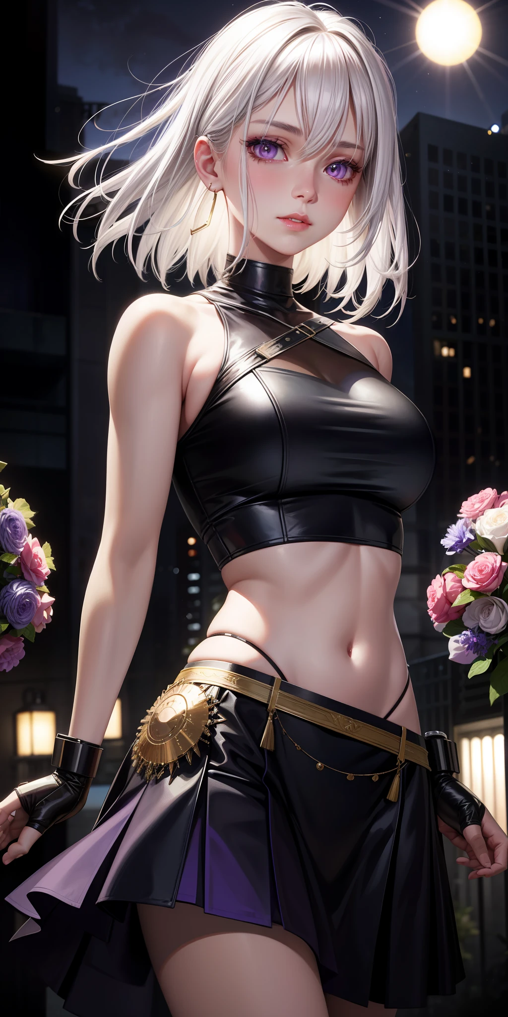 realistic, 1girl, white hair, purple eyes, glowing eyes, crop top, skirt, parted lips, blush, night, flowers, sun, sunlight,