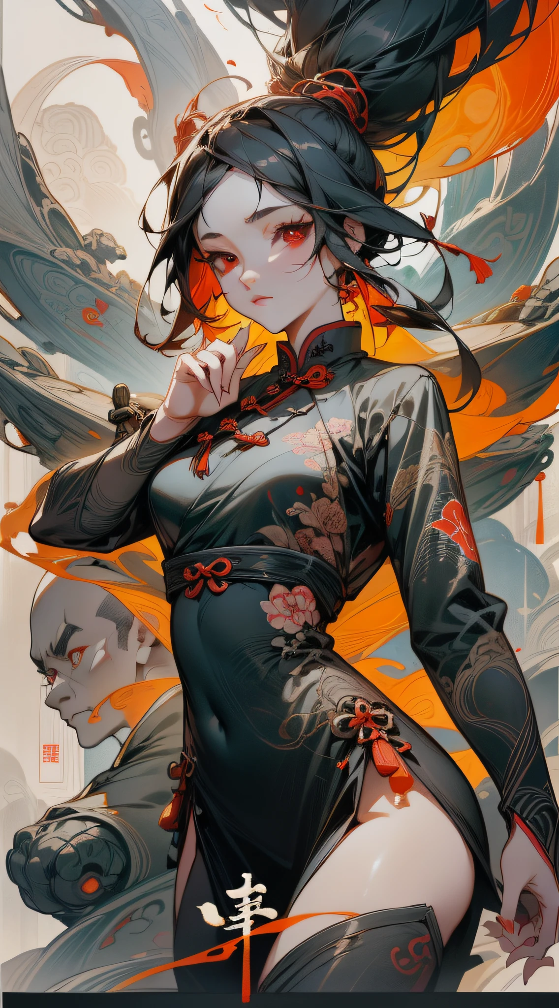 (best quality, movie poster style), a beautiful woman with (one red eye:1.2),(meaningful chinese script writing:1.1), combining the elements perfectly together.