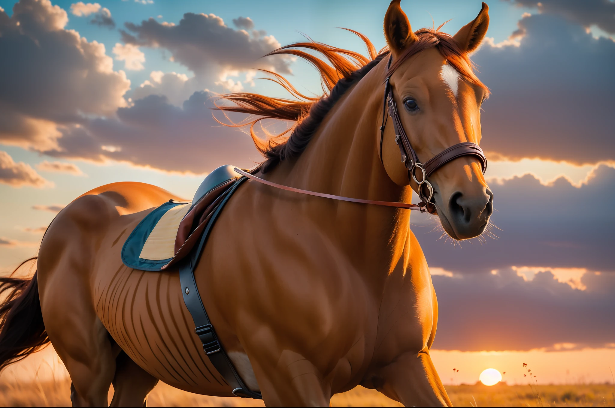 A brown-red horse galloped across the steppe in the setting sun, full limbs, long mane,