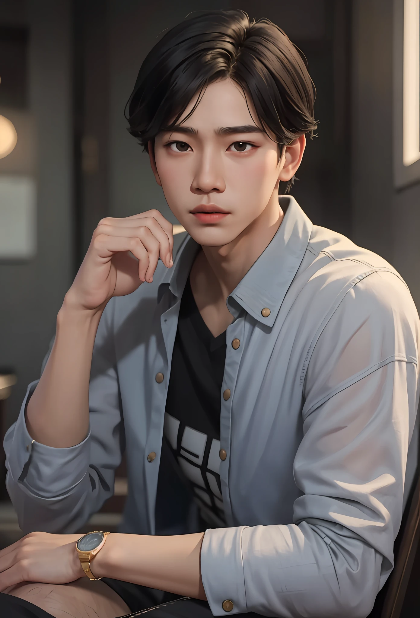 Masterpiece, best quality, (realistic, very detailed), boy, cute face, short straight black hair, delicate and asian face, wearing urban clothes, sensual, atmosphere, (realism: 1.5), 8k