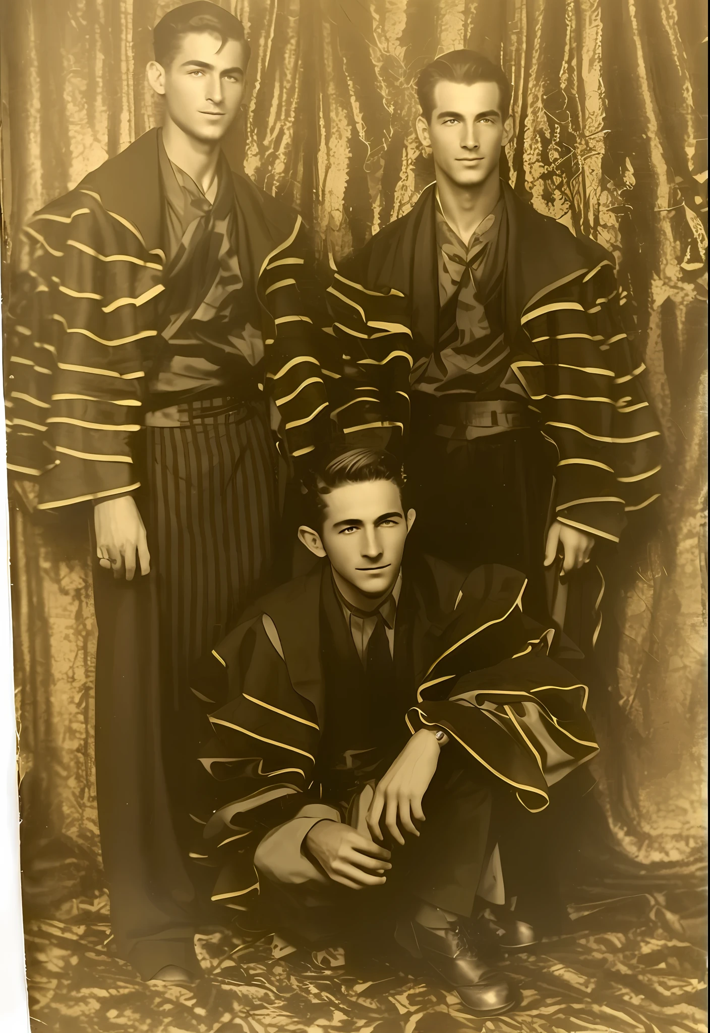 arafed photo of a group of men in striped clothing, unknown location, 1 9 4 0's, in robes, in dazzle camouflaged robes, old picture, vintage photograph, in dark robes with gold accents, old photo, old style photo, 1950's, 1950’s, 1 9 5 0's, vintage photo, cursed photograph