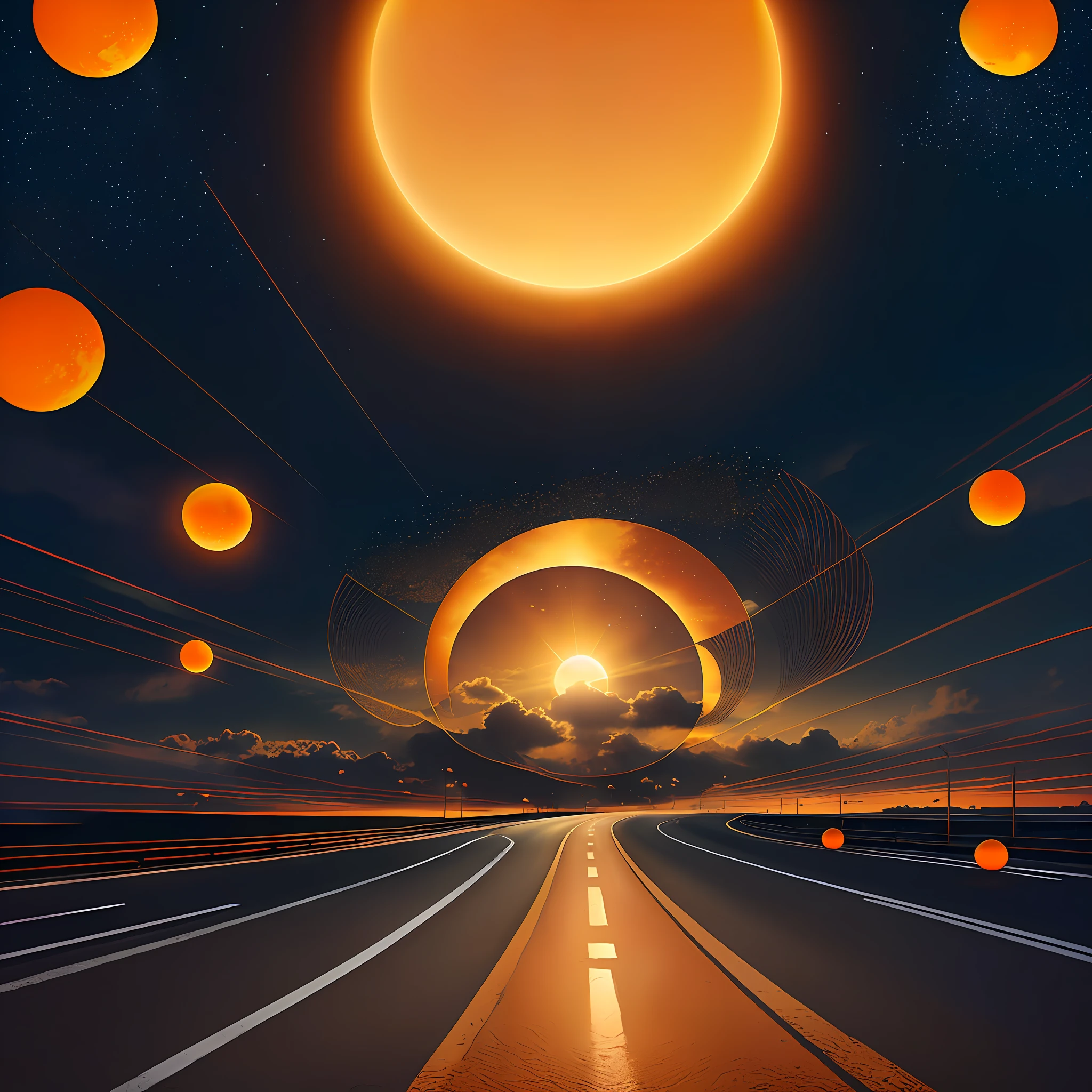 fantasy aspect, a road to the sun, the road leads to the sun up in the sky, road detach from the ground and hangs in the air, orange balls in the road, orange balls fly in the sky, sun is big --auto --s2