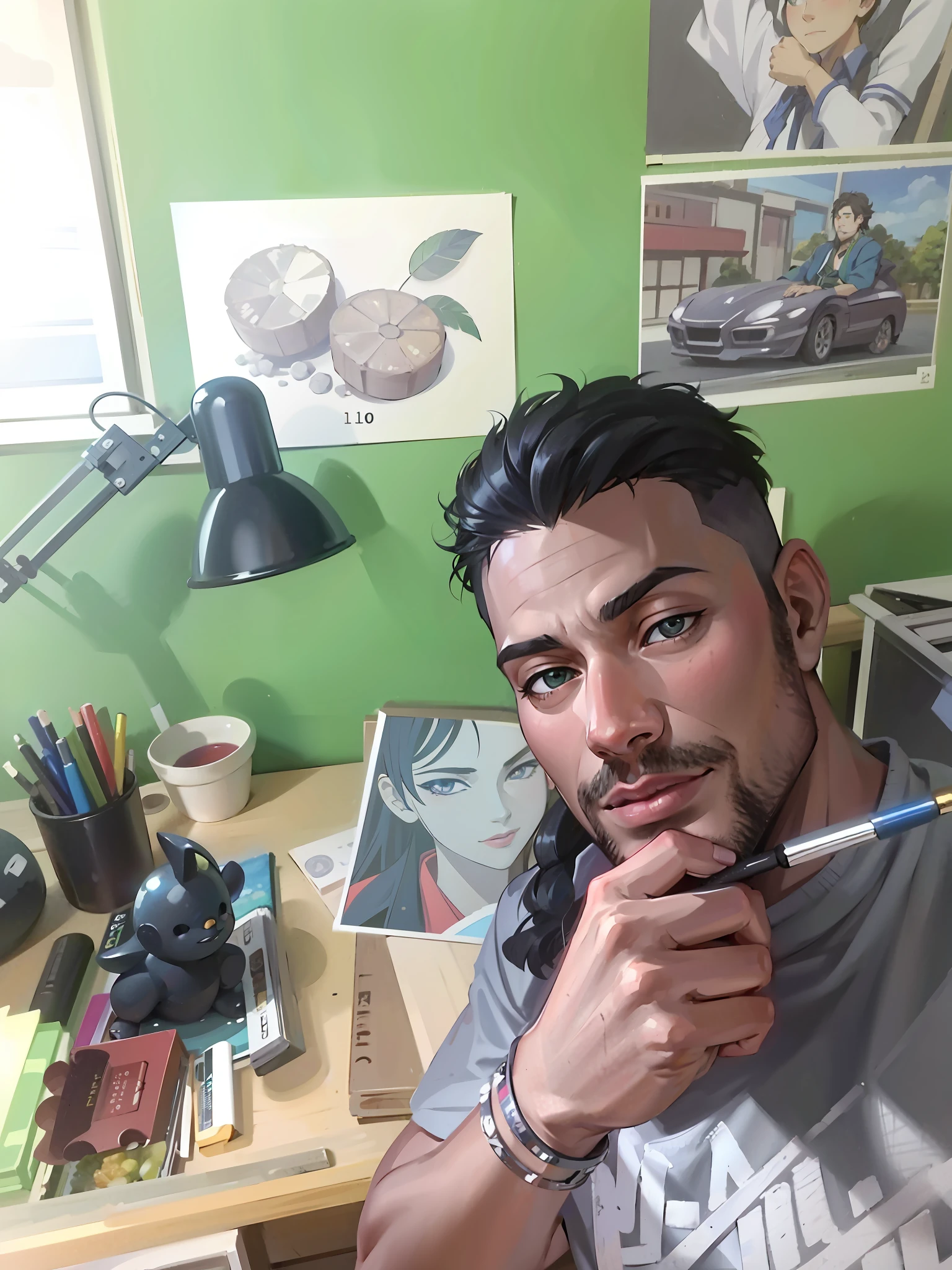 (masterpiece), (best quality: 1.0), (ultra highres: 1.0), detailed illustration, 8k, anime, 1boy, sitting, hand on chin, young anime boy, slightly smiling, detailed face, black eyes, anime eyes, perfect eyes, looking at camera, green shirt, open shirt, black turtle neck, restaurant background, highly detailed, anime style