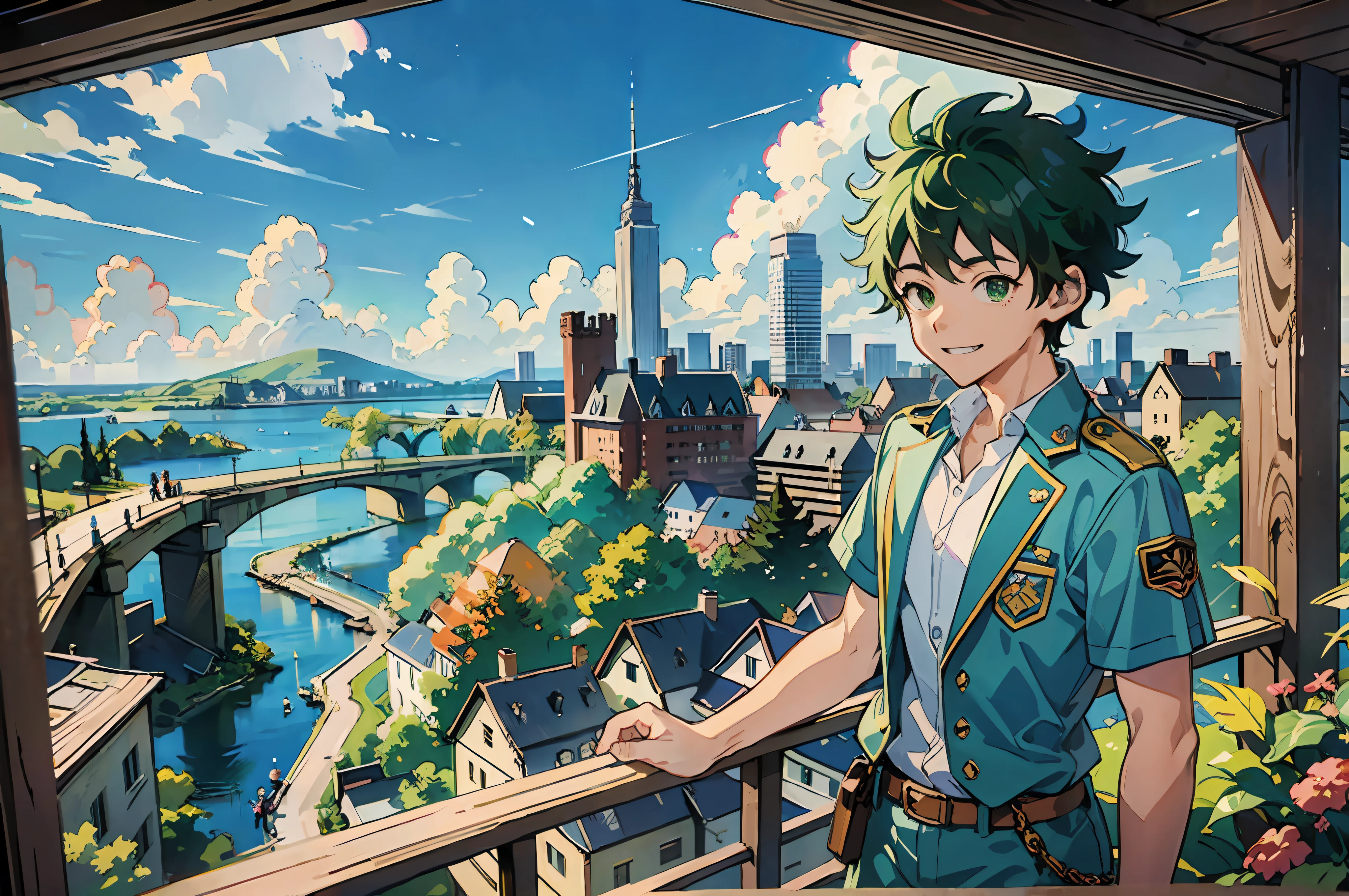 ((Masterpiece: 1.4, Best Quality)), ((Masterpiece, Best Quality)), Fisheye, One Youth Standing, Izuku Midoriya, Smile with Mouth Closed, eat yellow bread like melon, Gazing at towering buildings and cityscapes from the stairs, (Overlook: 1.3), River, Waterfall, Valley, (Green Big Eyes and Short Hair), Blue Sky, Beholder, Magnificent View, Lens Flare, Uniform, Cowboy Shot