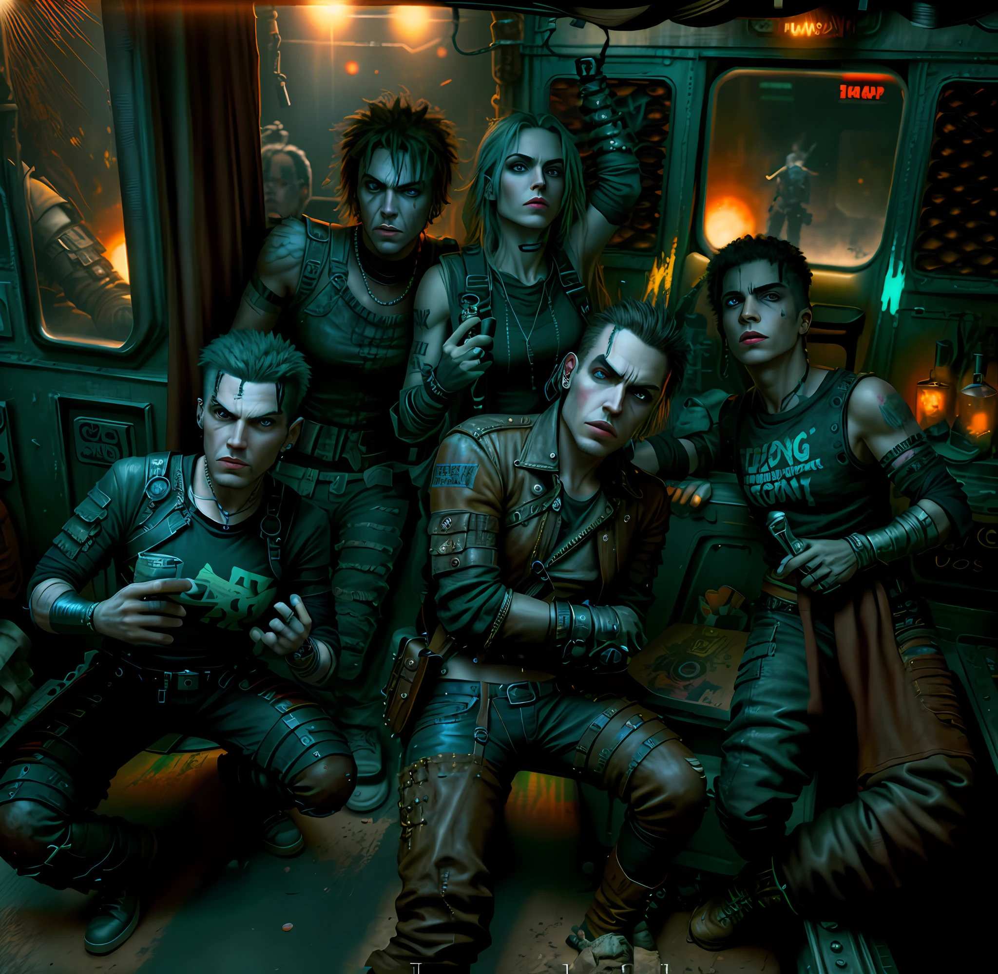 Male rock band, movie poster, mad max, high quality, painting, futurism, apocalyptic powder, rock band on a train, sunset, mad max, punk, movie poster, realistic painting art.