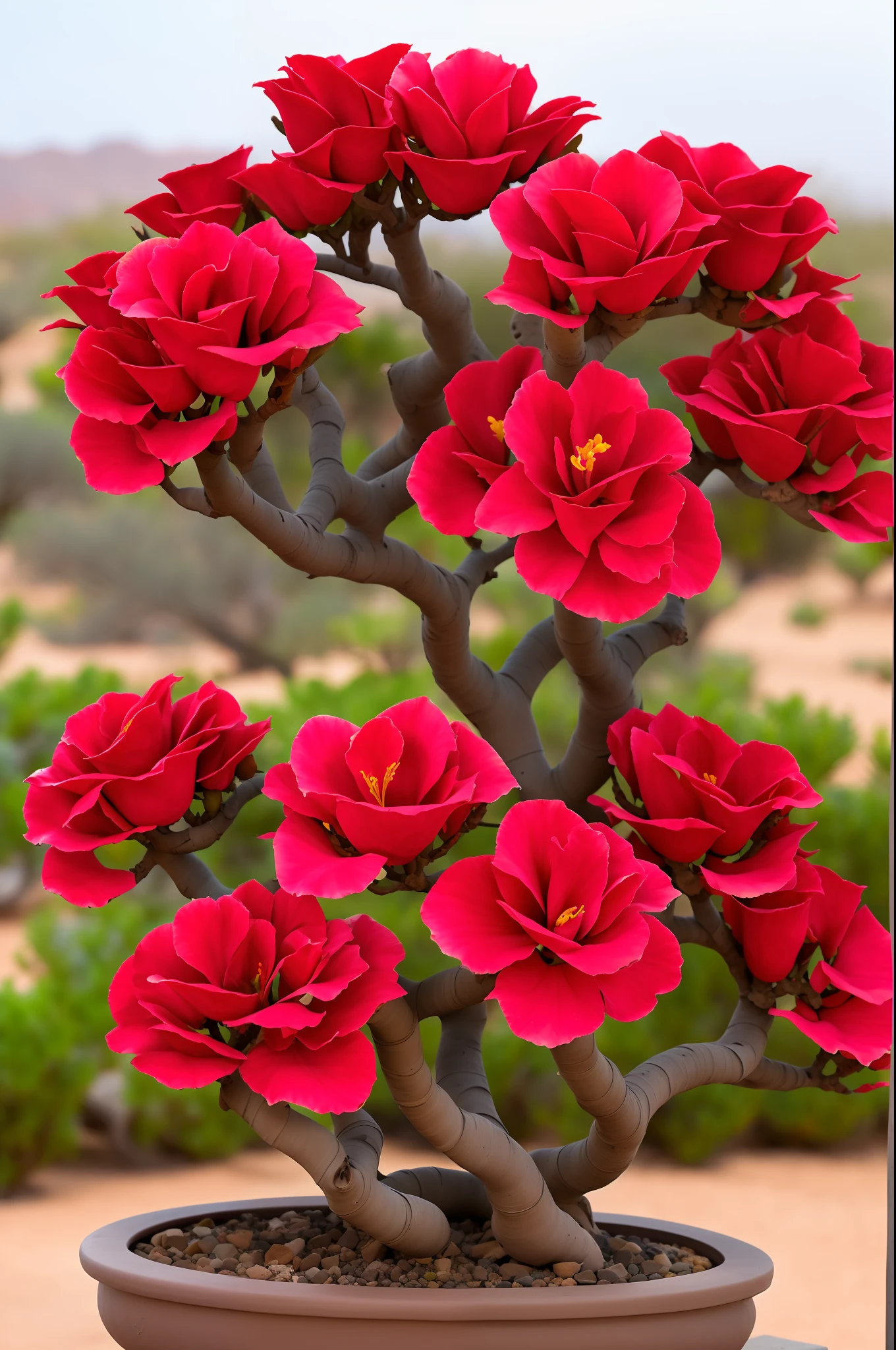Desert rose adenium with huge bonsai shaped caudex with many roses in dark red hue with double petals. Landscape containing many desert roses all in bloom.