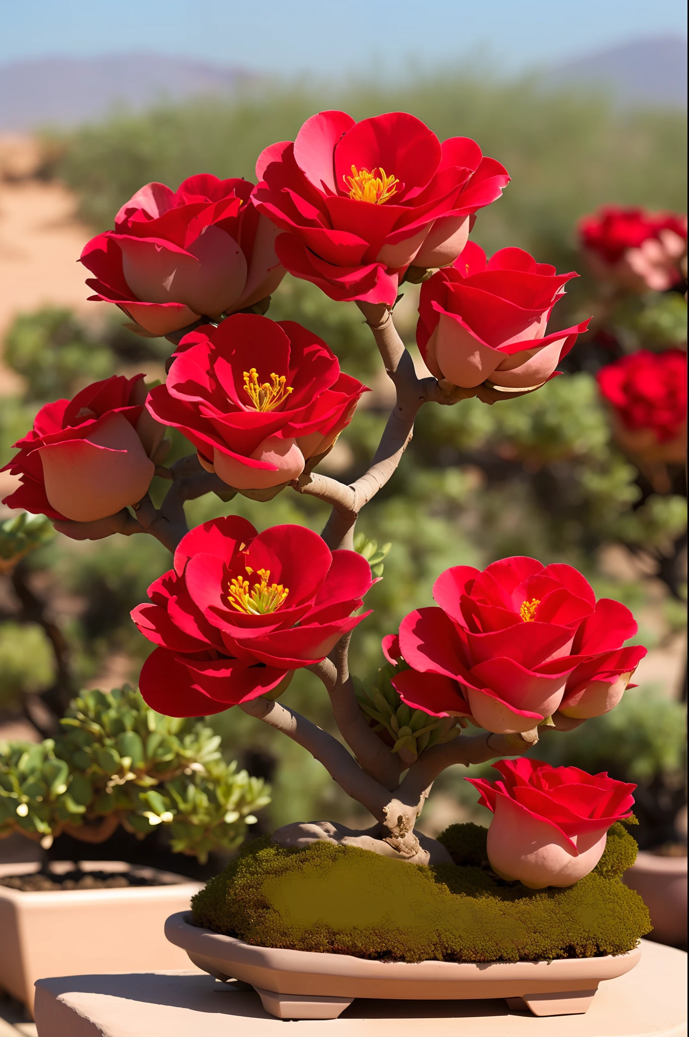 Desert rose adenium with huge bonsai shaped caudex with many roses in dark red hue with double petals. Landscape containing many desert roses all in bloom.