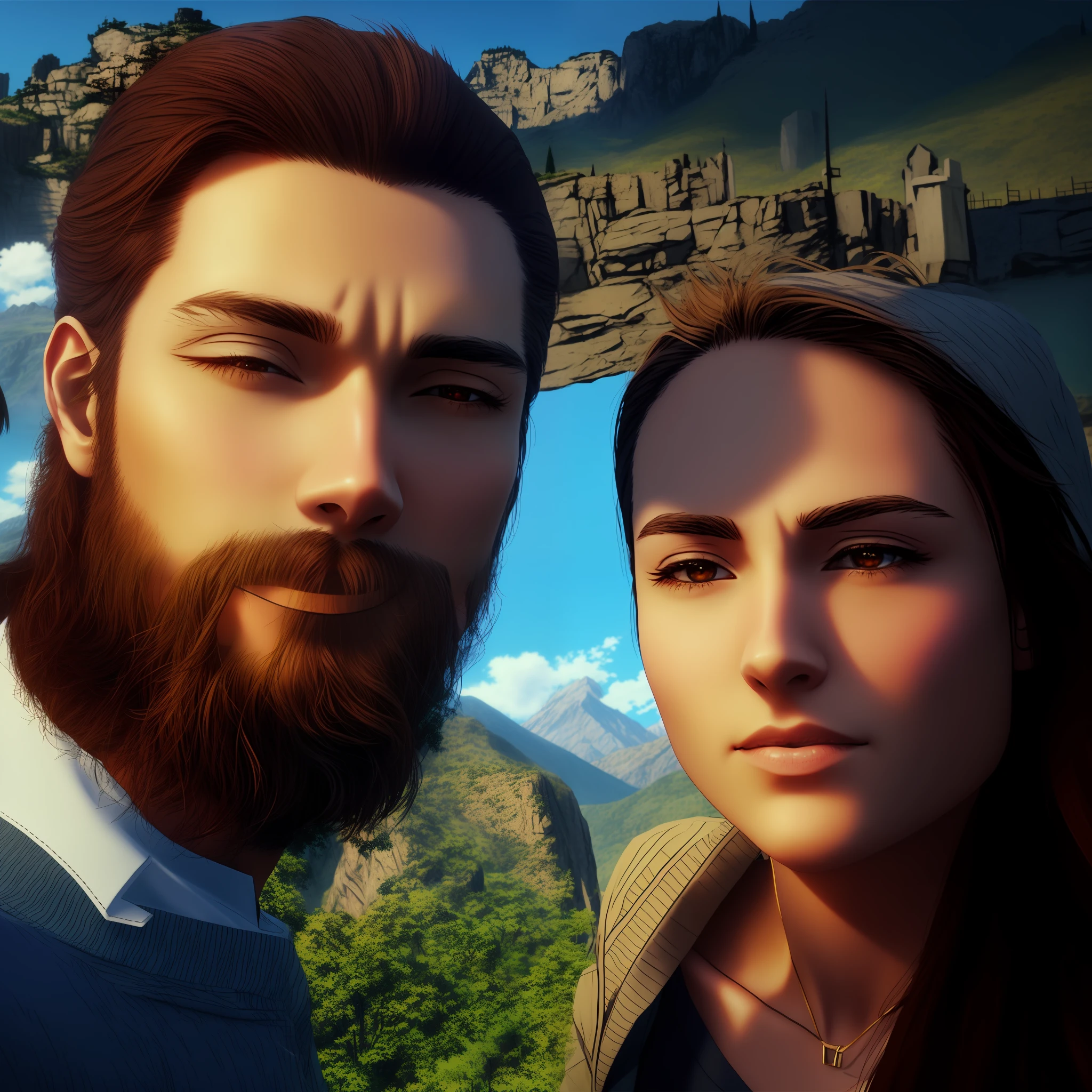 a man and a woman together, with mountains in the background, anime, realistic animation style