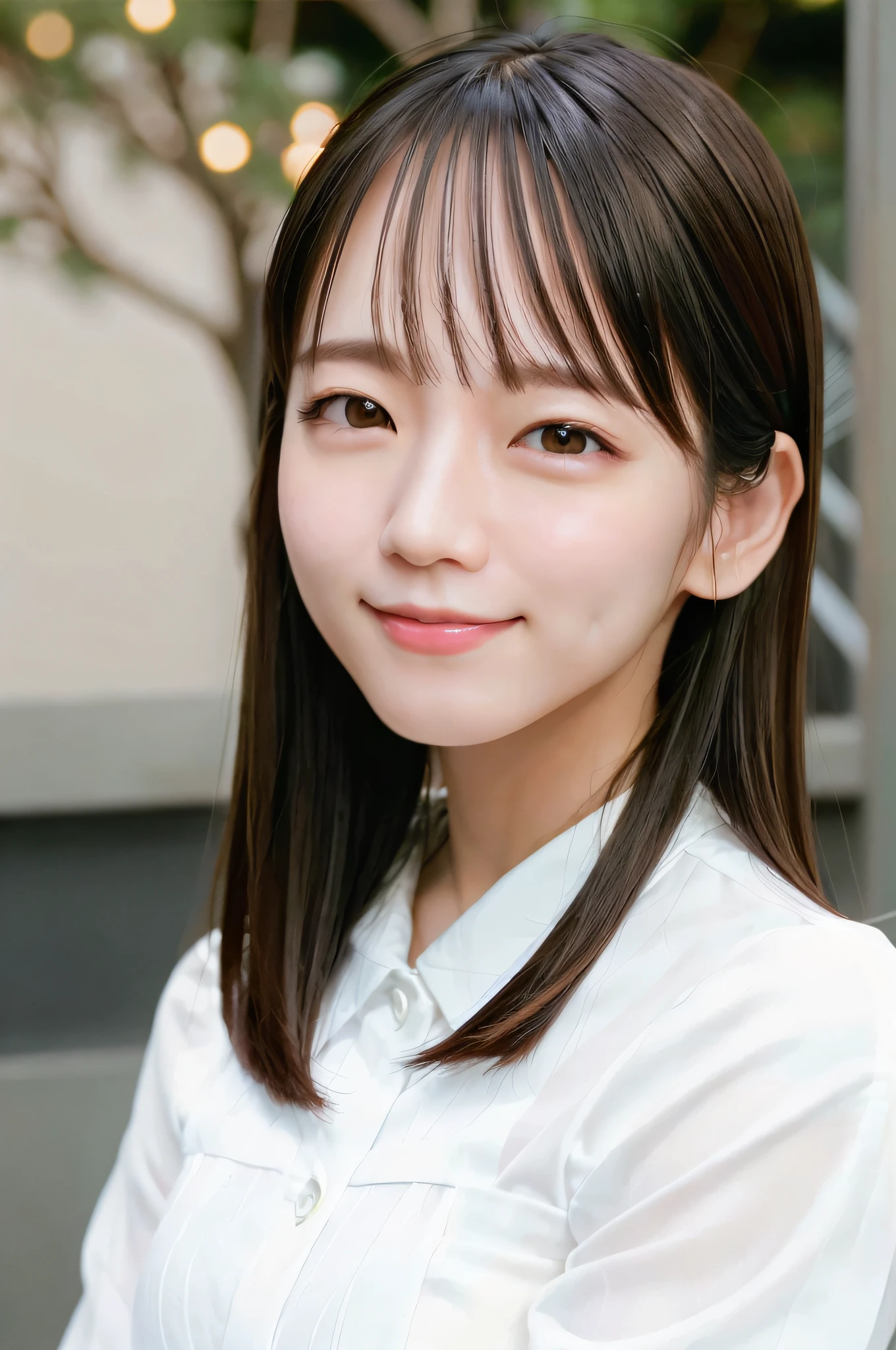 (skin spots: 1.2), (skin dentation), black eyes, long black hair, 1 woman, 25 years old, ((female))), Solo, Real, Top quality, Photorealistic, Masterpiece, 8K, High resolution, Solo, Very detailed face, (Professional lighting, bokeh), (Light particles, lens flares, glowing particles: 0.6), (Dynamic pose: 1.2), Soft lighting, Top angle view, fashionable and trendy, Japan, street, Tokyo, city, (daytime)), sky, ((view viewer:1)), (look at camera),(portrait:0.6), cowboy shot, gorgeous, standing, keep original facial proportions, wide shoulders, full body, (small breasts), (medium hair), brown hair, floating hair, lips, lipstick, seductive smile, floating hair, smile, open_ mouth, teeth, (white blouse), eyelashes,