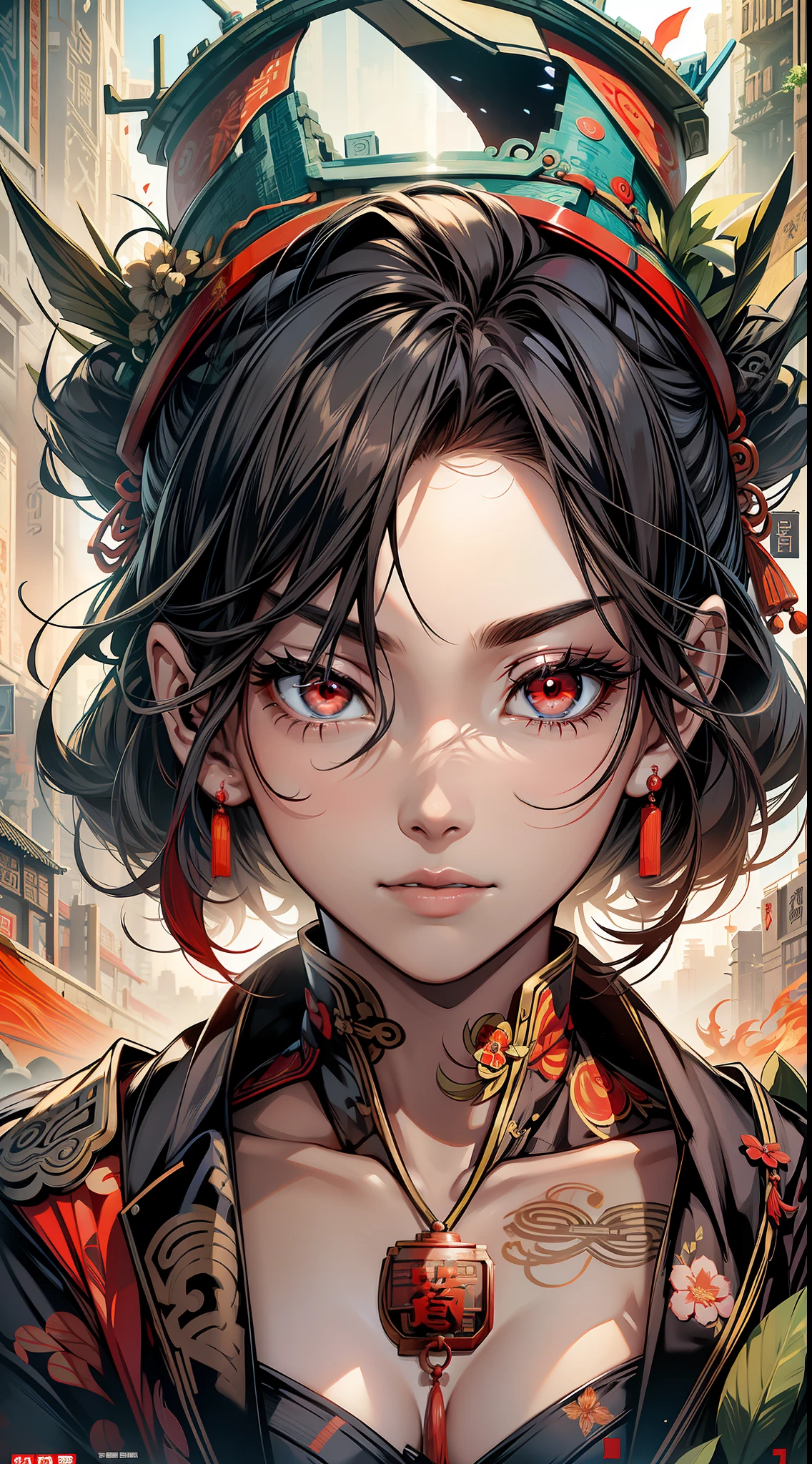 (best quality, movie poster style), a beautiful woman with (one red eye:1.2),(meaningful chinese script writing:1.1), combining the elements perfectly together.