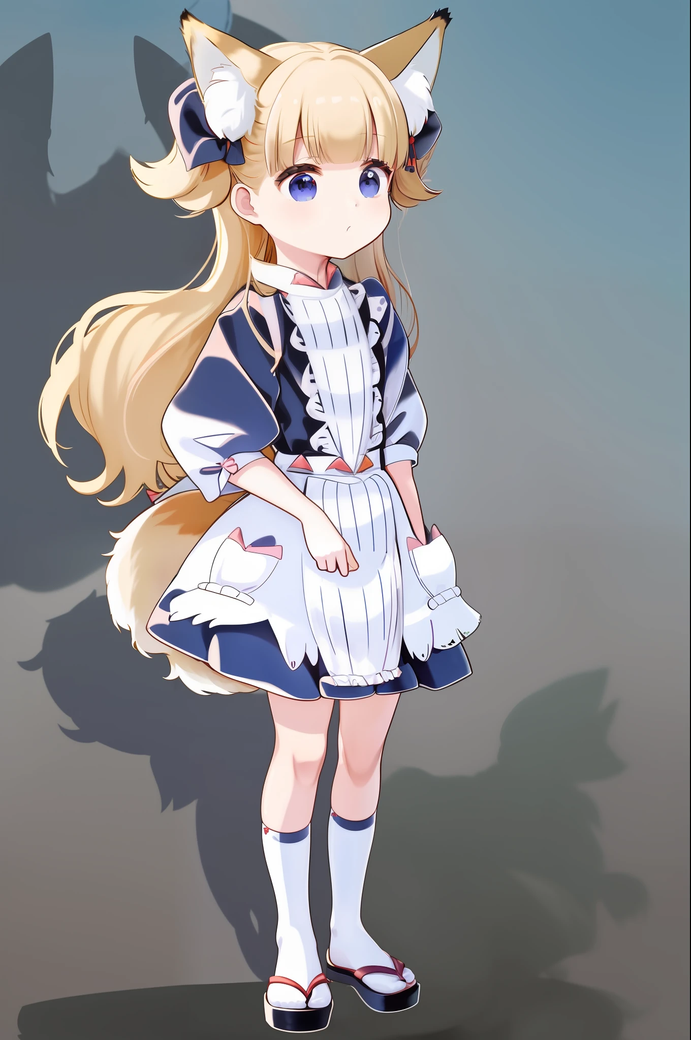 kinako, animal_ear_fluff, animal_ears, apron, aqua_eyes, bangs, blunt_bangs, eyebrows_visible_through_hair, fox_ears, fox_tail, frilled_apron, frills, full_body, green_eyes, green_kimono, japanese_clothes, kimono, long_hair, long_sleeves, maid_apron, maid_headdress, sandals, simple_background, solo, standing, tabi, tail, wa_maid, white_apron, white_background, white_legwear, wide_sleeves, zouri