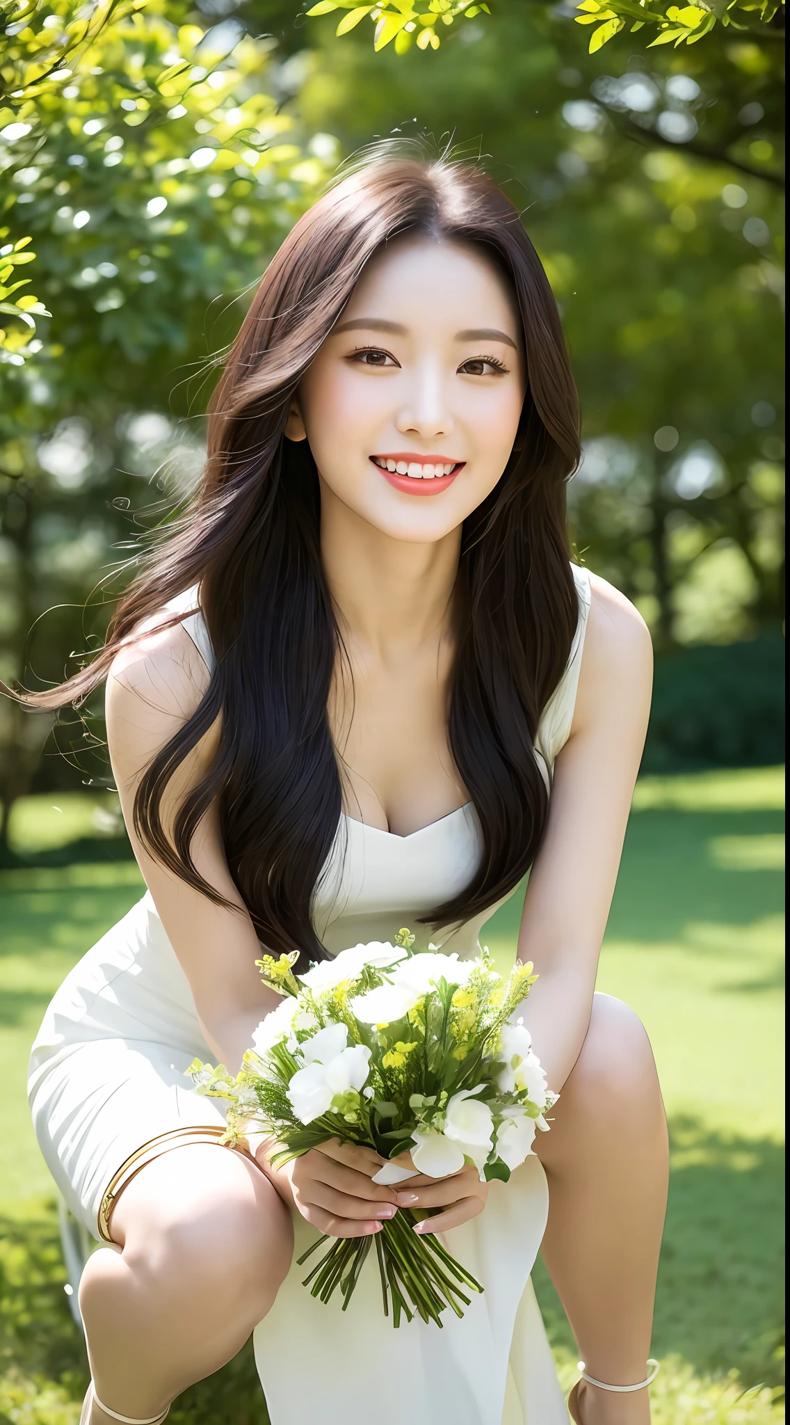 ((Best Quality, 8k, Masterpiece: 1.3)), 1 Chinese girl, long black hair 1.2, red lip gloss, white dress 1.2, flowers in hand, smiling, gentle eyes, fair skin, slim figure, feet on high heels, tree-lined park in the background, sunny and breezy. Golden ratio composition