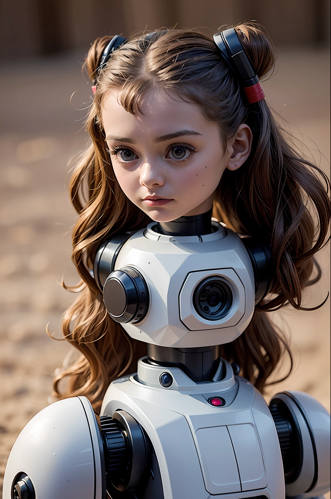 A photo of a robot girl with long hair wearing a white combat suit with mecha wings, ready to fight in the desert.